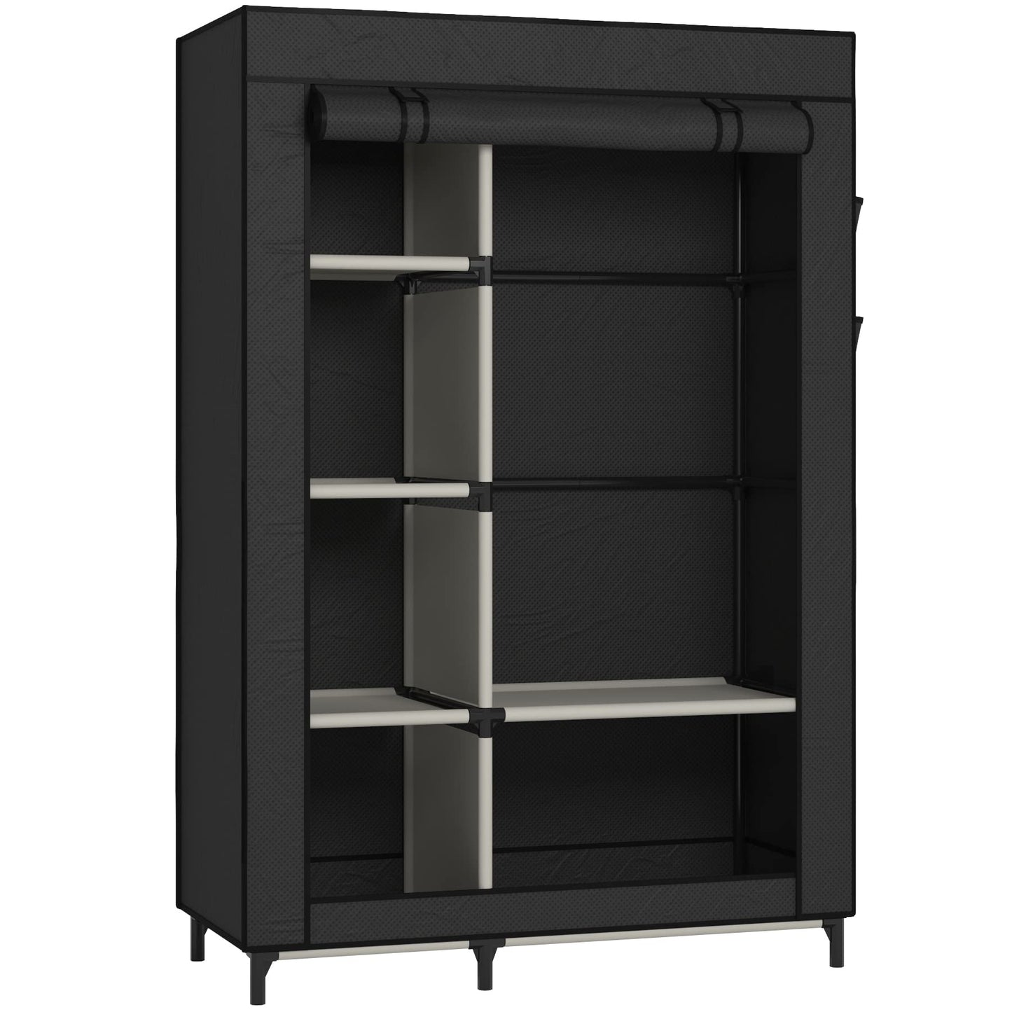 Buzowruil Canvas Wardrobe Portable Closet Wardrobe Clothes Storage with 6 Shelves and Hanging Rail,Non-Woven Fabric, Quick and Easy Assembly,Black