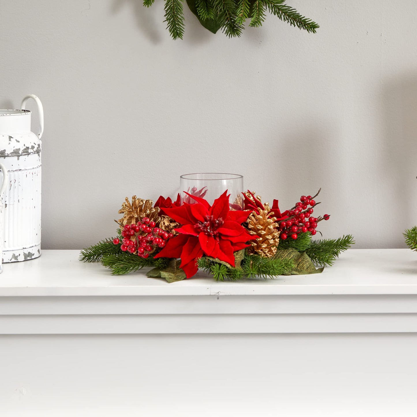 Nearly Natural Poinsettia, Berry and Golden Pine Cone Candelabrum Artificial Silk Arrangements Red 6"D x 14"W x 14"H