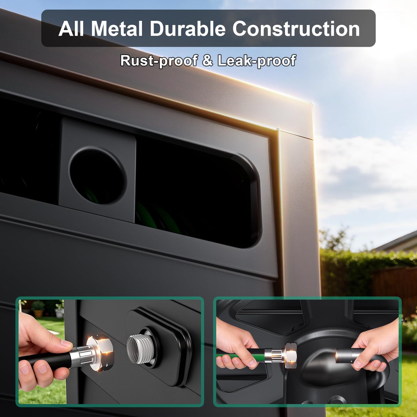 Metal Garden Hose Reel Box, Heavy Duty 150Ft 5/8" Large Capacity Hose Storage Deck Box with Hose Guide, 6Ft Leader Hose, Leak-Proof Aluminum Water Connection, Manual Crank Handle Easy Essemble (Black)