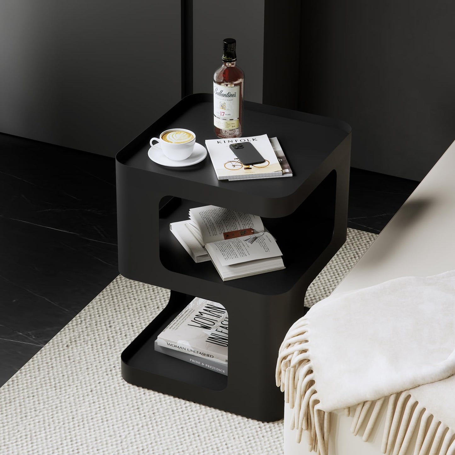 BUZUEY Modern Metal Side Table with Storage,Small End Table for Sofa & Couch,3-Tier Compact Nightstand for Small Spaces,Black Bedside Tables for Living Room & Bedroom,No Assembly Required