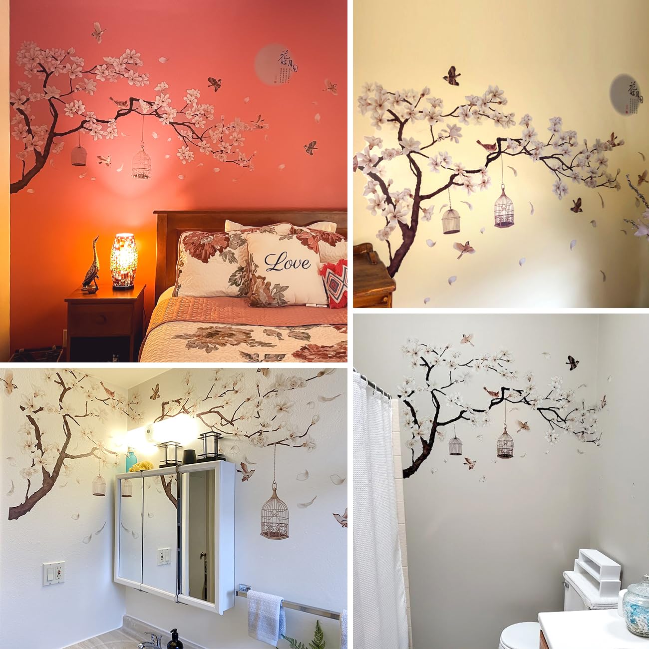 Chinese Style White Flowers Black Tree and Flying Birds Wall Stickers Removable DIY Wall Art Decor Decals Murals for Kids Nursery Offices Home Walls Bedroom Study Room Wall Decaoration, 50inchx74inch