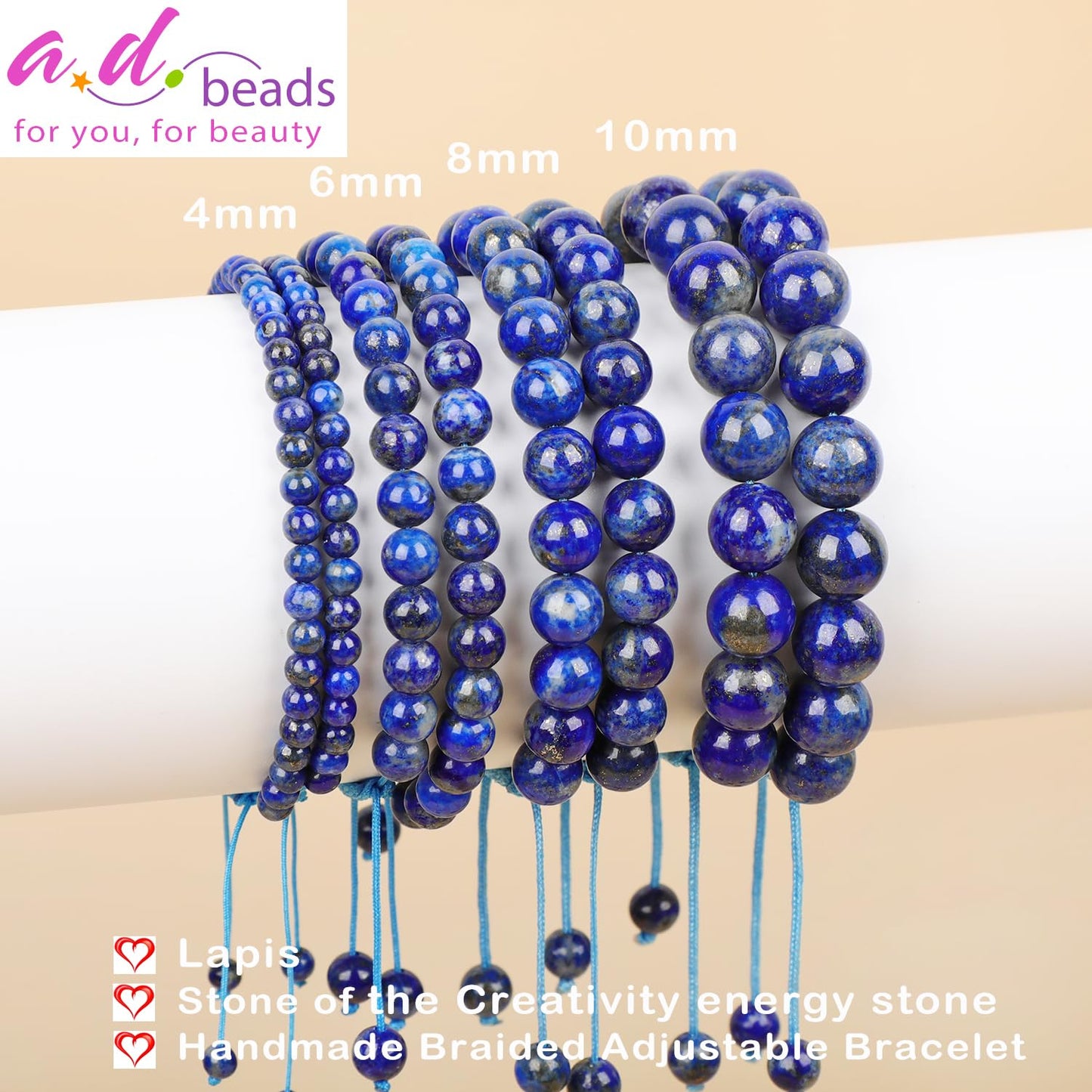 AD Beads 8mm Lapis Bracelet - Stone of the Creativity energy stone - Handmade Natural Stone Crystal Bracelet with Adjustable Macrame String - Yoga Healing Power Energy Gifts for Men and Women