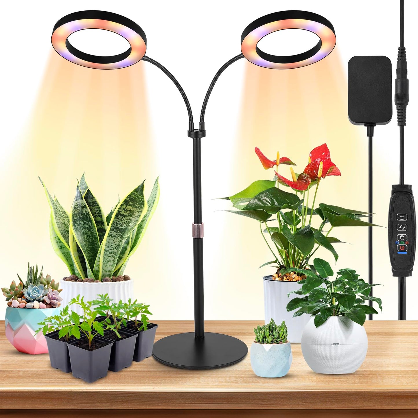 canvage Dual-Head Grow Lights for Indoor Plants, LED Full Spectrum Plant Lamp with Timer 3/9/12H, 10 Dimmable Levels, Flexible Gooseneck, Height Adjustable 14"-23" for House Plants & Seedlings