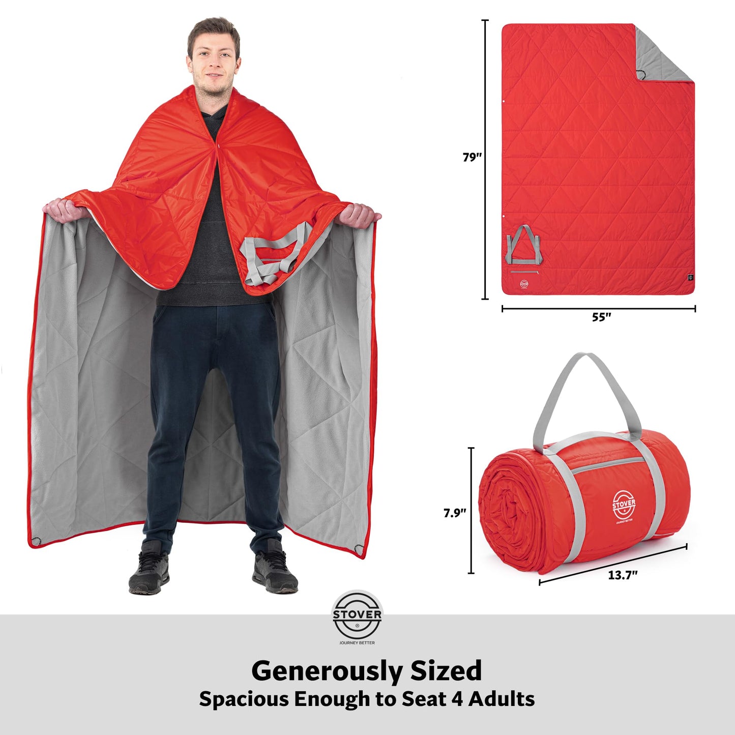 STOVER Large Waterproof Outdoor Stadium Blanket- Extra Thick Soft Fleece Camping Blanket for Travel, Picnics, Sports, Dogs 79"x55", Warm, Windproof, Sand-Proof, Lightweight, Packable (Stadium Scarlet)