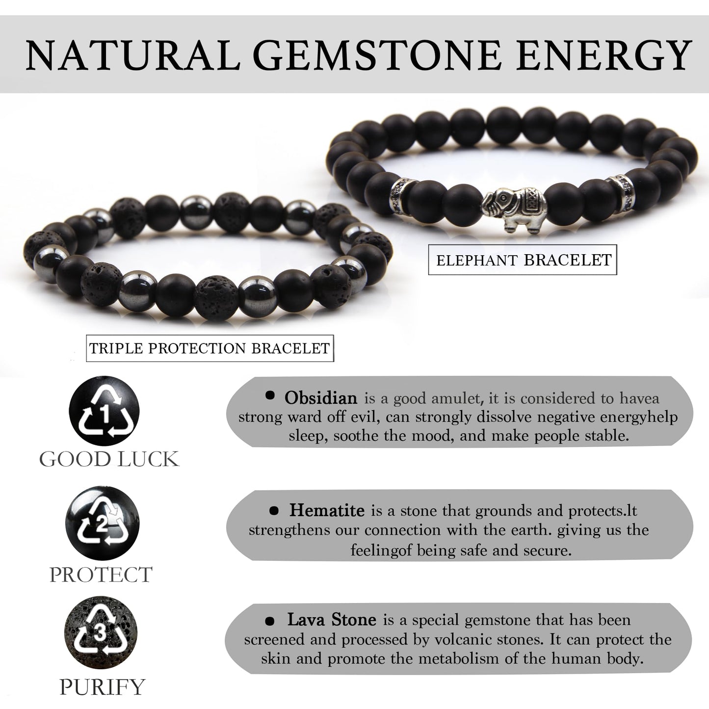 GDLKPYHS Black Obsidian Bracelets for Men - Elephant Bracelet - Tourmaline Beaded Bracelets, 8MM Black Onyx Hematite Lava Stone Beads Triple Protection Bracelet for Men Women Gifts