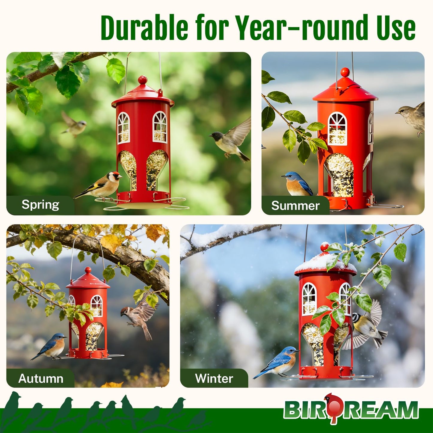 Birdream Metal Bird Feeder for Outdoors Hanging, Small Lighthouse Bird Feeder with Clear Seed Tube, Folding Stainless Steel Perches, for Small Wild Birds Finches Chickadees, Red