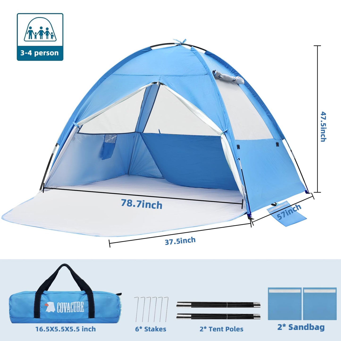 COVACURE 2026 New Upgraded Beach Tent Sun Shelter for 3-4 Person - UPF 50+ UV Protection Beach Shade, Waterproof & Lightweight, Easy Setup Portable Sun Canopy for Camping, Fishing, Beach(Blue)