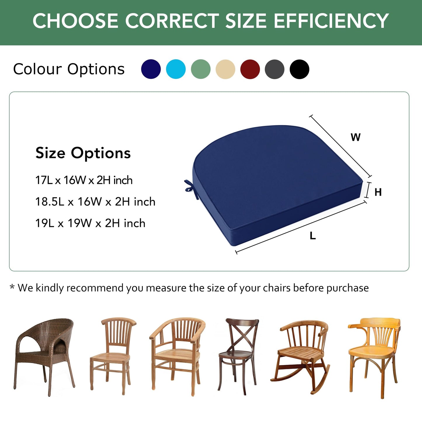 Outdoor Chair Cushions Set of 4: Waterproof & Fade Resistant Patio Furniture Cushions - 17 x 16 x 2 Inch Non Slip Round Corner Seat Cushion Pads with Removable Cover for Garden Yard Lawn, Navy Blue