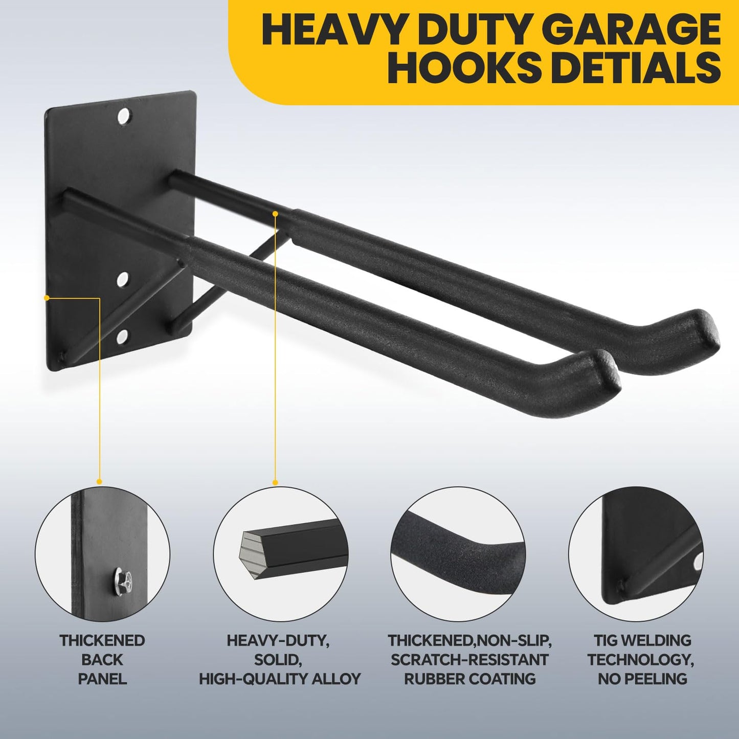FancyEagle 14" Large Heavy Duty Garage Hooks, 2-Pack Steel Garage Storage Hooks with Support Rods, Utility Wall Mount Hangers for Power Tools, Car Tires, Ladders, Chairs, Garden Tools and More