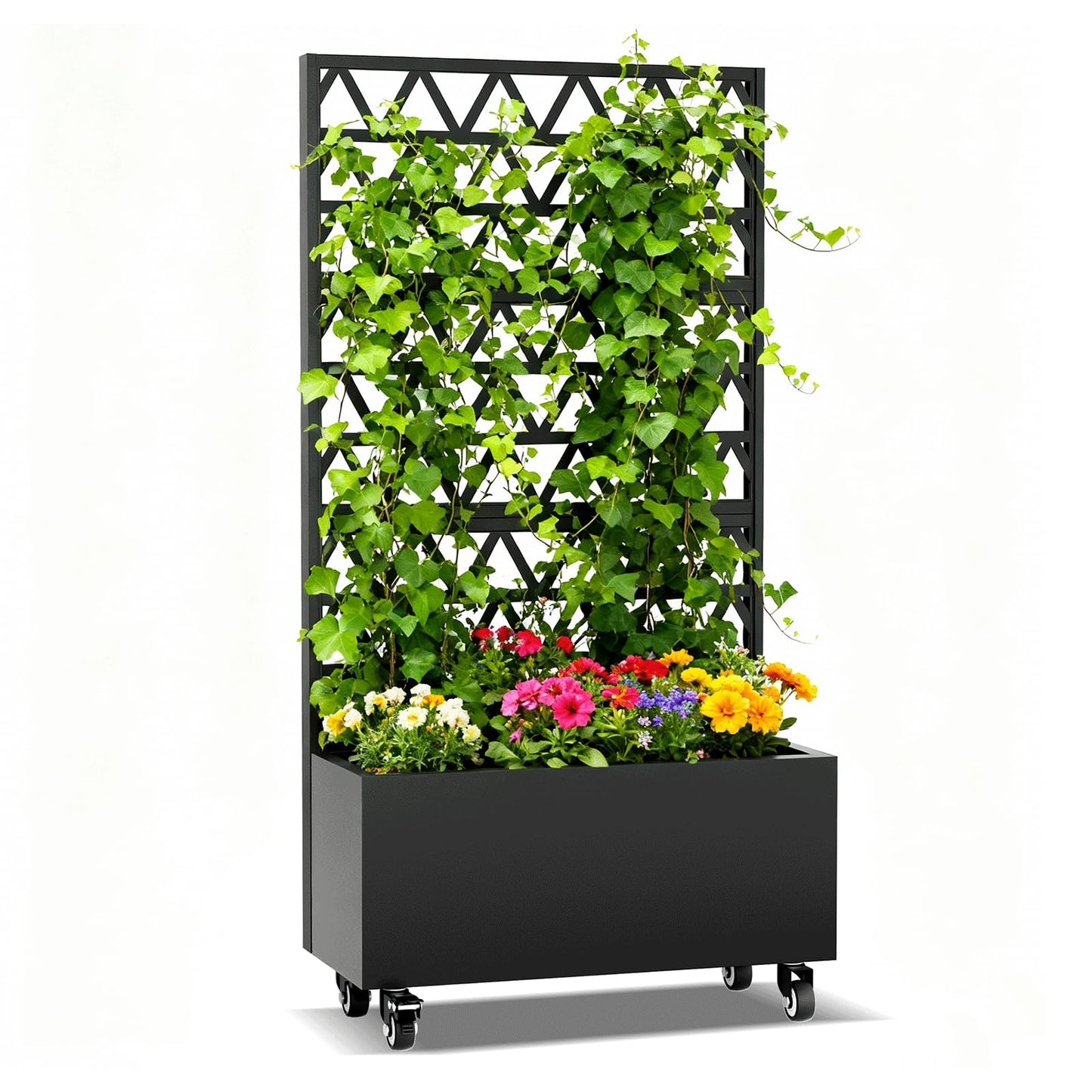 Metal Planter Box with Trellis, 73-Inch Tall Raised Garden Bed with Wheels, Privacy Screen Planter for Climbing Plants, Vegetables & Vines, Galvanized Steel Outdoor Privacy Shield, Black (Square-1)