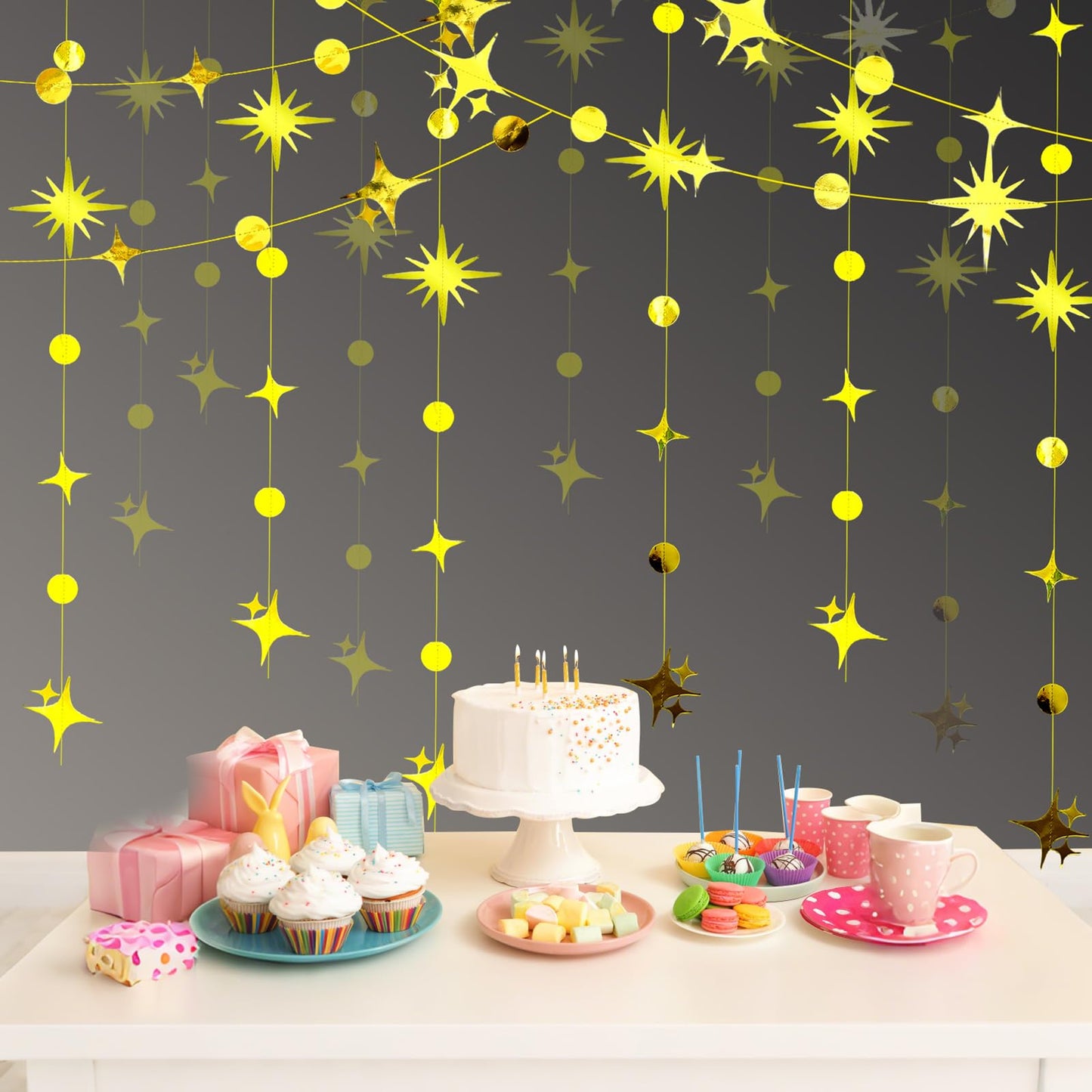 Affrolling 105 Feet Glitter Gold Four-Angle Star and Circle Dot Paper Garland Banner Decor Twinkle Hanging Bunting Banner Backdrop for Birthday Wedding Graduation Disco 2026 Party Decorations