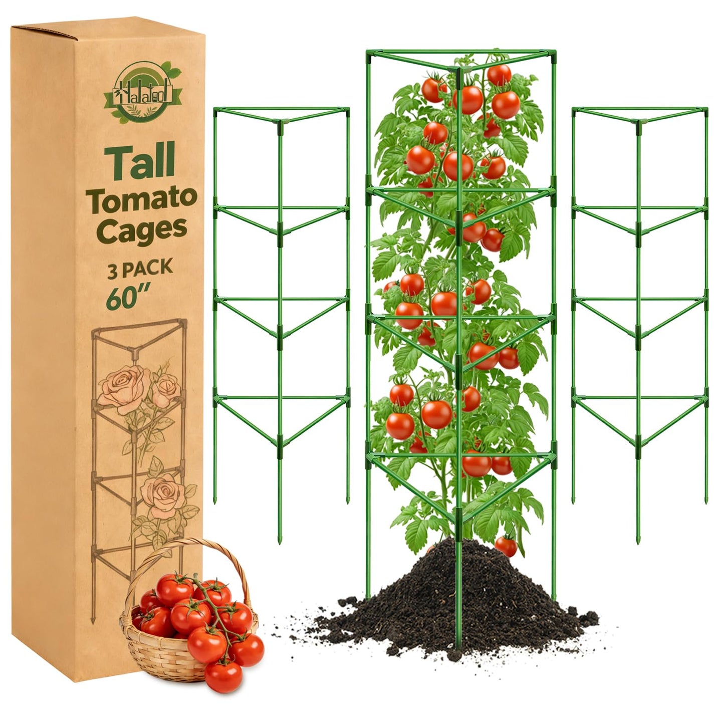 Halatool 3 Pack Tomato Cages for Graden 60 Inch, Adjustable Metal Tall Heavy Duty Tomato Trellis Plant Support, Foldable Tomatoes Stakes for Climbing Vegetables Flowers Fruits