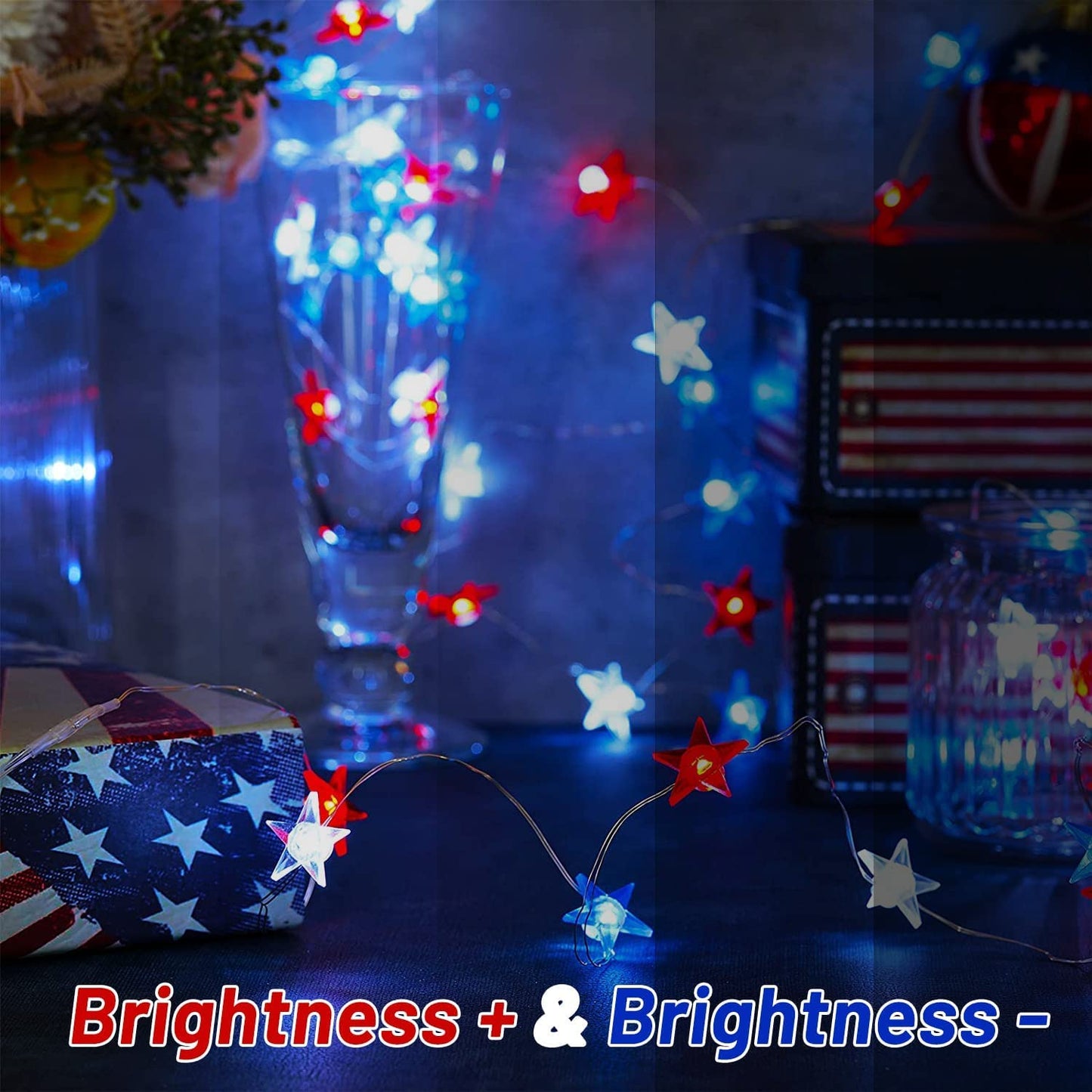 4th of July Decorations Red White and Blue String Lights Battery Operated 16FT 50 LED Patriotic Fairy Lights with Timer & Remote for Independence Day Memorial Day Fourth of July Decor for Home