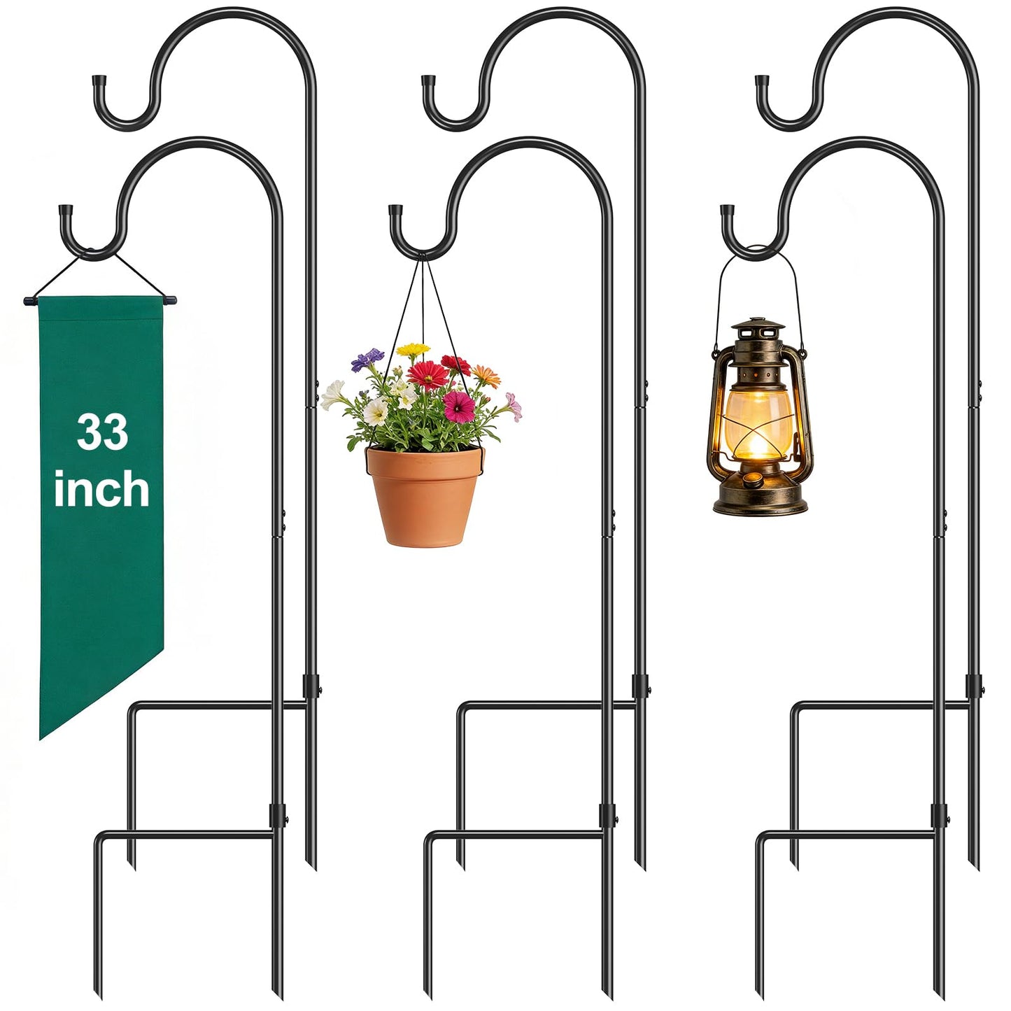 GOFORWILD Shepherd Hook 6 Pack Black, 33 inches Tall, Made of Premium Metal for Garden Decor, Plant Hanger, Lantern Hook, Solar Light Hanging, 7011-3