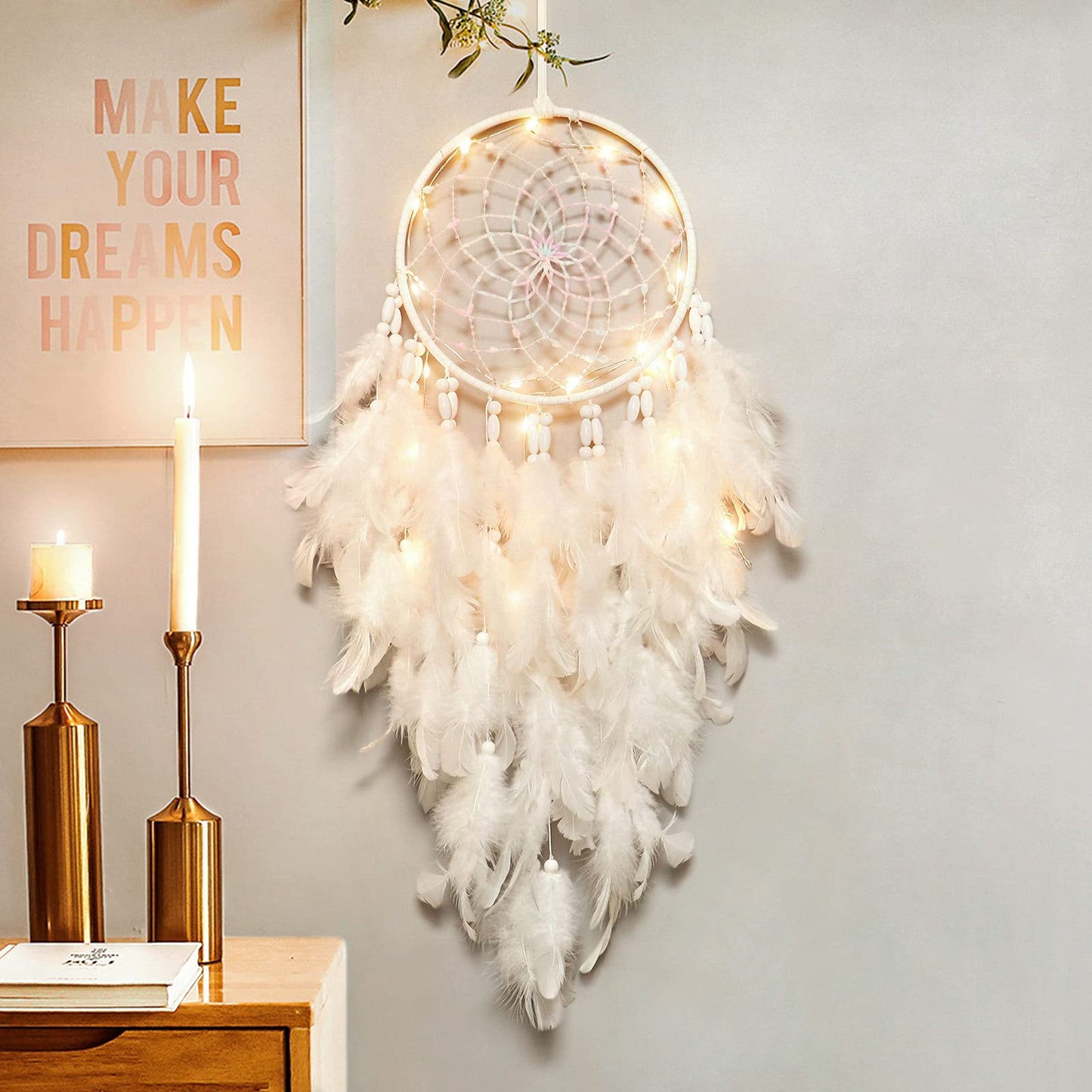 Dremisland White Feathers Dream Catcher Wall Hanging Elegant Wall Art Room Decoration for Windows Balcony Bedroom Wedding Party Gift for Girls and Kids (with Lights)