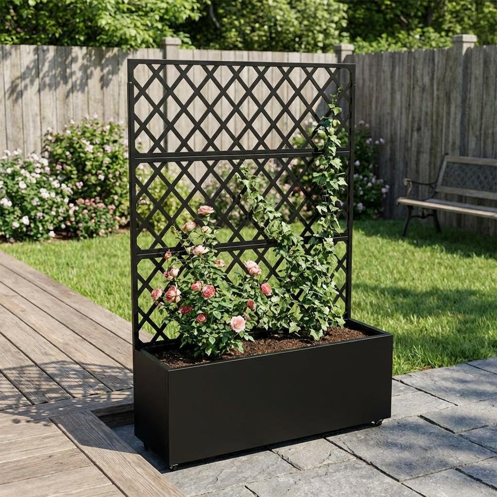 71x35x16 Inch Large Steel Raised Garden Bed, Mobile Planter Box with Trellis and Privacy Screen, Lockable Casters & Drainage Holes, Outdoor Vegetable Garden for Vines Flowers Patio Deck Balcony
