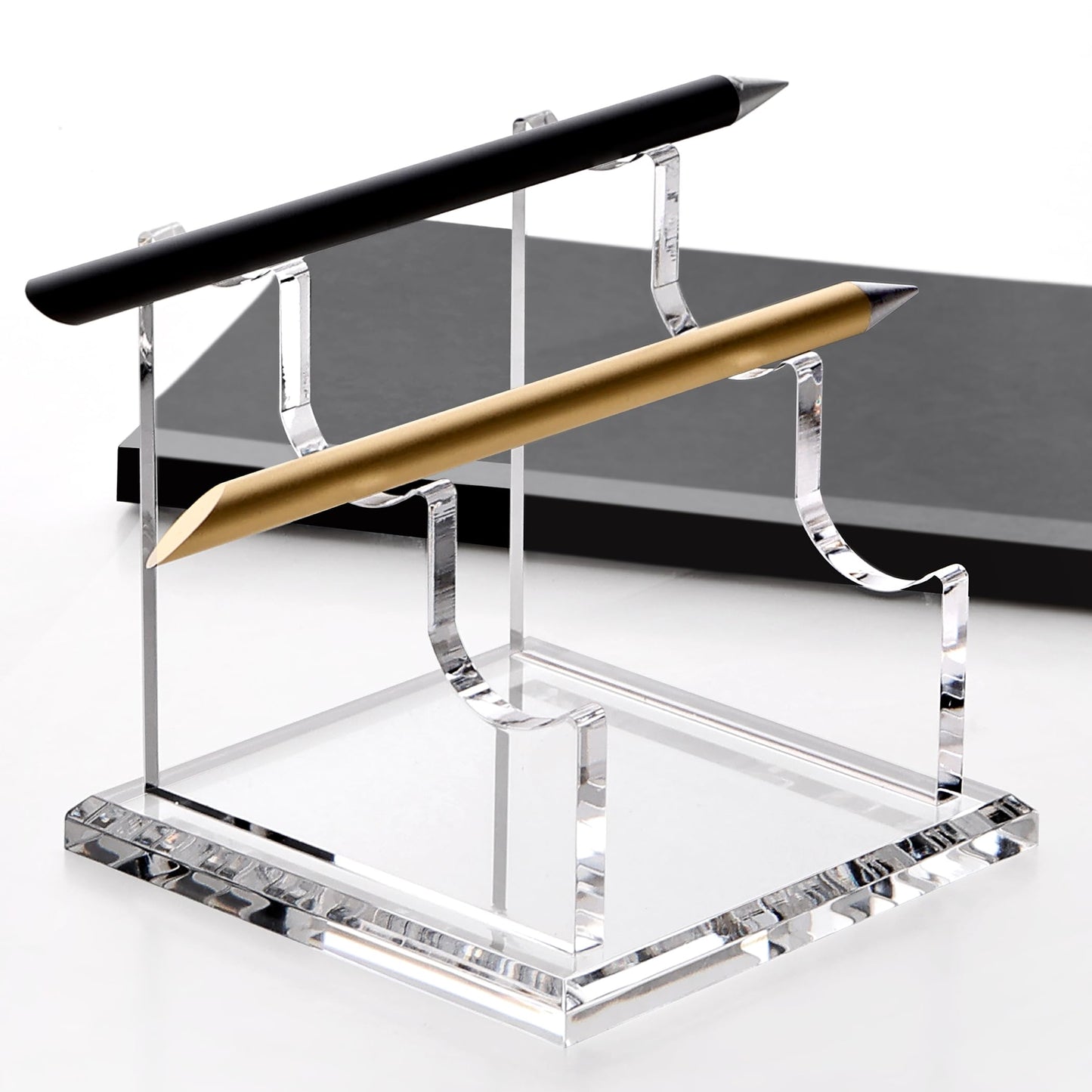YUXUN Acrylic Pen Holder for Desk - Horizontal Three Pen Display Stand with 8mm Thick Base | Fountain Pen Rest, Apple Pencil Stand, Crystal-Clear Desk Organizer