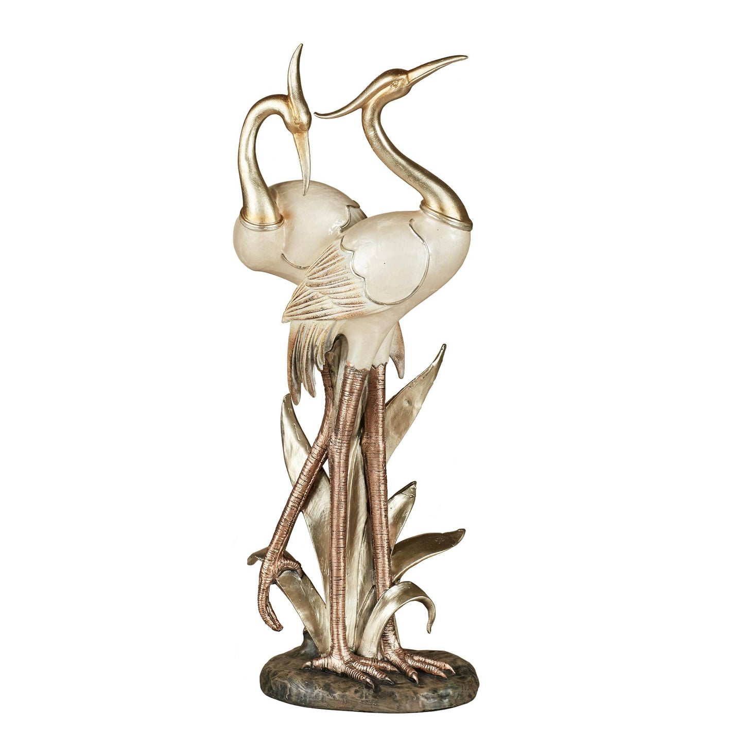 Touch of Class Pretty Pose Double Crane Metallic Table Sculpture - Ivory, Gold, Copper - Bird Figurine for Bedroom, Living Room, Dining Room, Home Office - Capiz Shell Look