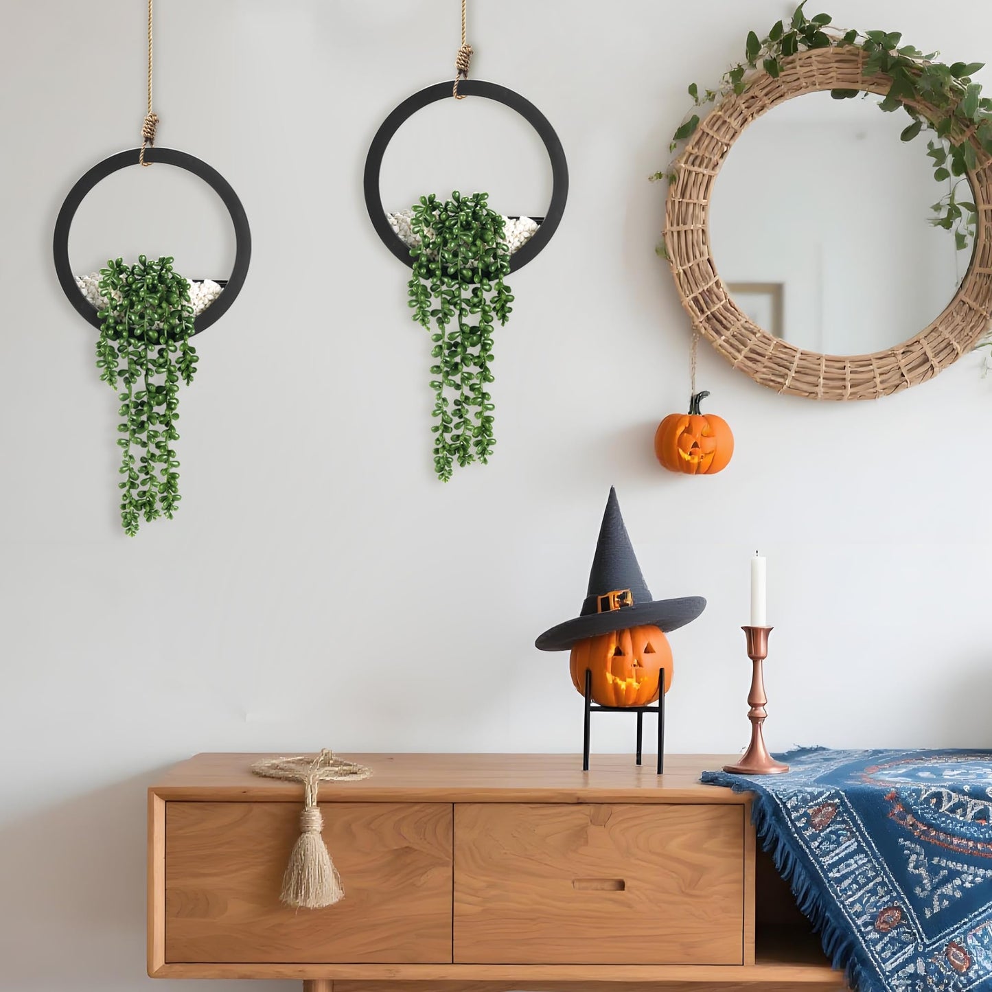 Der Rose 2 Pack Fake Plants Hanging Artificial Succulents Plants in Black Pots for Living Room Bathroom Accessories Boho Farmhouse Wall Decor
