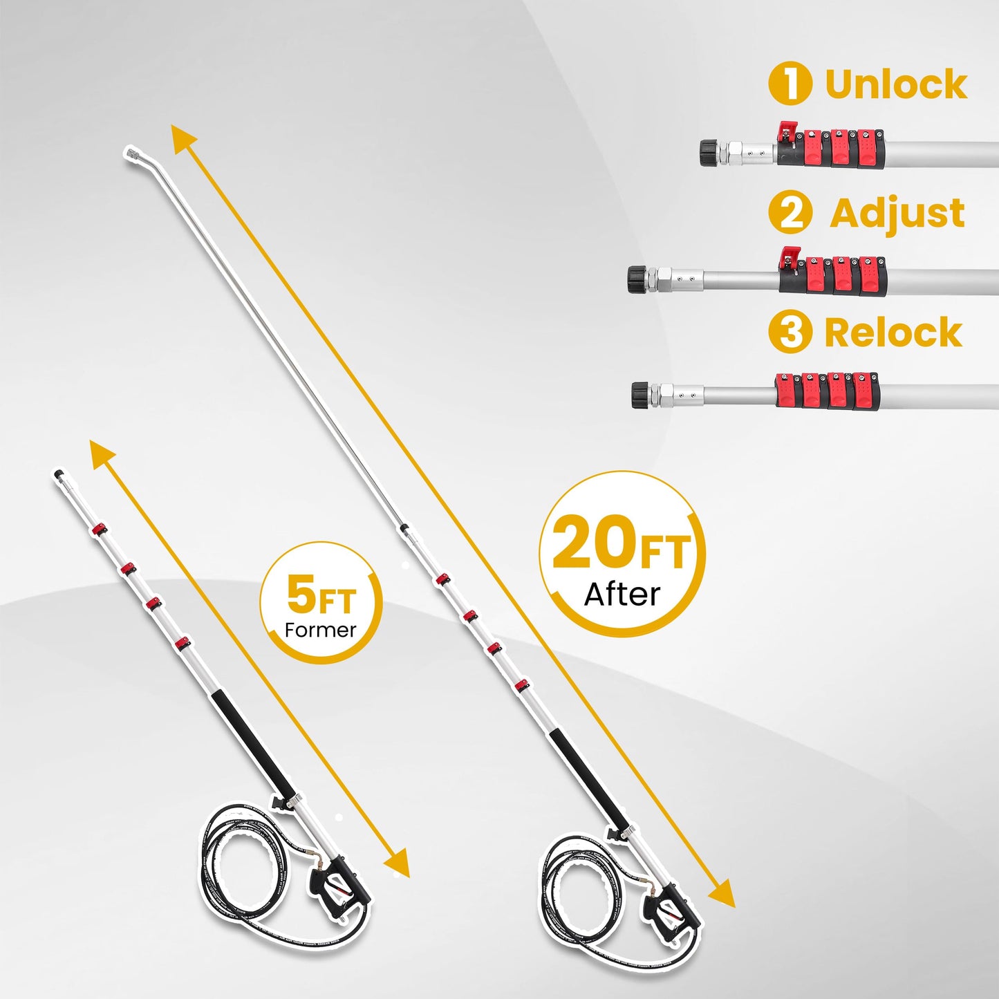 M MINGLE 20 FT Telescoping Pressure Washer Wand with Gutter Cleaner, Brush Head, 5 Nozzle Tips, and Hose Adapters for House Exterior, Window & Roof Cleaning