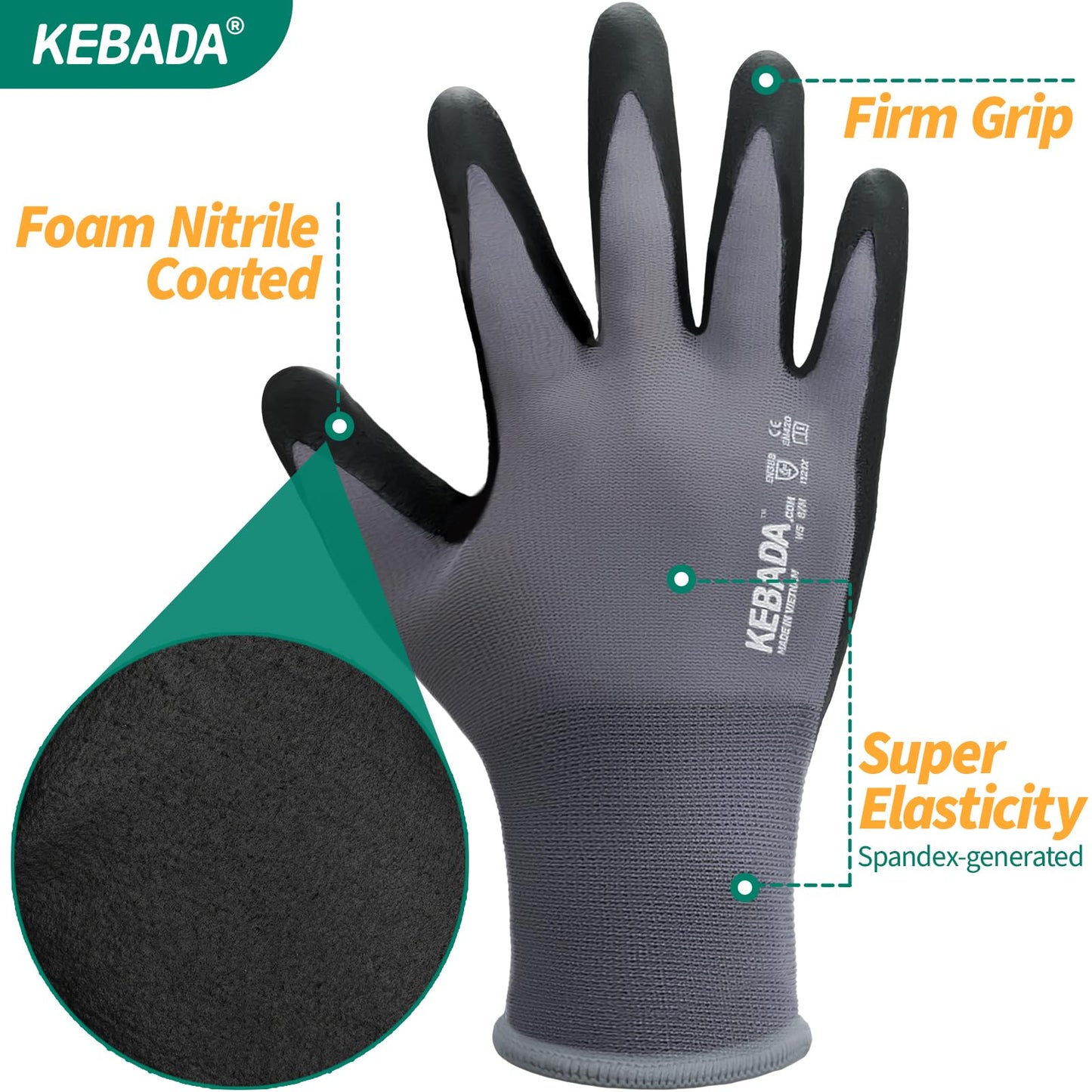 Kebada W5-12 Pairs Safety Work Gloves Foam Nitrile Coated, Seamless Knit Nylon Glove with Grip, Ideal for Mechanic, Warehouse, Construction & Gardening, Large