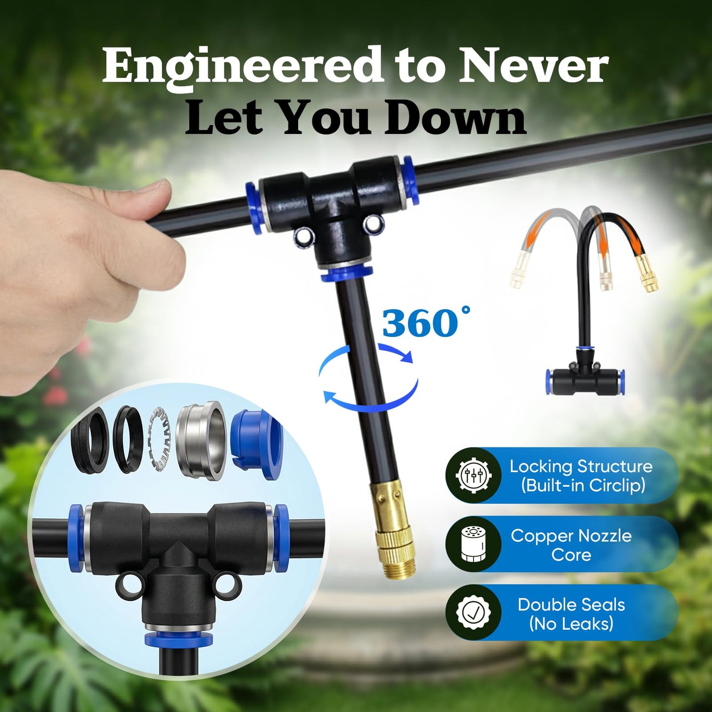 100ft 1/4-Inch Drip Irrigation Kit with 16 Adjustable Copper Nozzles, Automatic Atomizing Watering Sprinkler System for Garden, Raised Beds, Lawn, Greenhouse & Patio