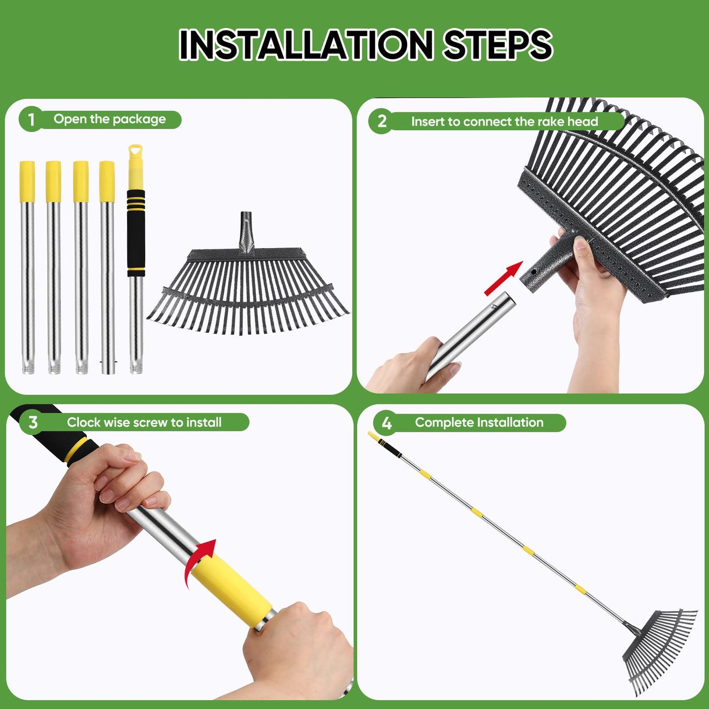 Coopvivi Rake Heavy Duty 6FT Long Garden Rake , 18.5 Inch Wide Leaf Rake for Lawns, 25 Metal Tines, Adjustable Stainless Steel Handle, Rakes for Leaves, Yards, Grass, Garbage, Weeds, Debris (Yellow)