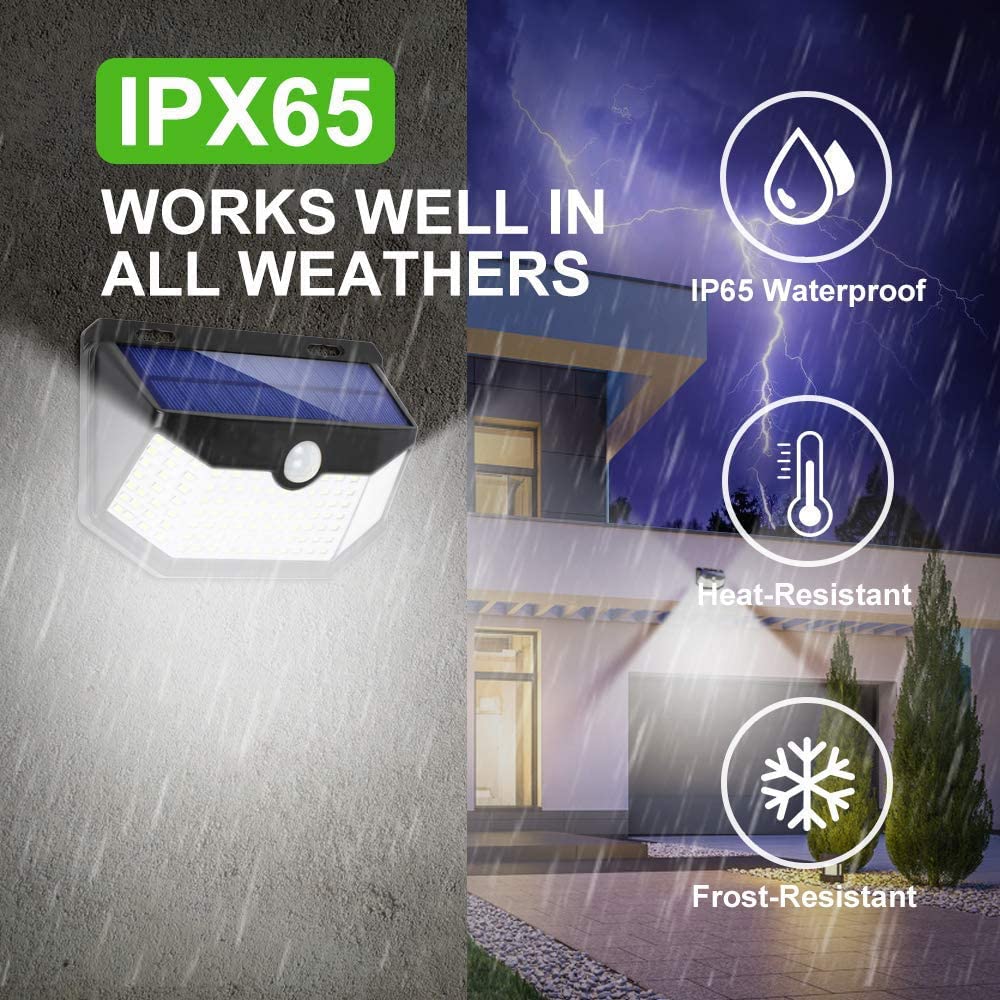 HMCITY Solar Lights Outdoor 120 LED with 3 Lighting Modes, Motion Sensor Wall Lights,IP65 Waterproof Solar Powered for Garden Patio Yard (Back Button 2Packs, Black Shell-Daylight White)