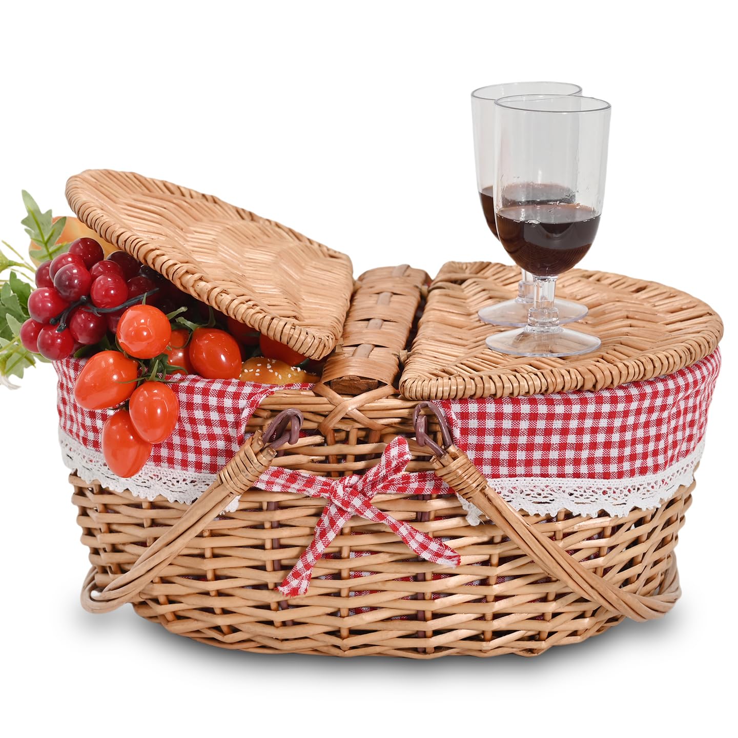 Wicker Picnic Basket with Removable Liner Empty Picnic Baskets with Lid for 2, Picnic Hamper with Foldable Handles for Picnic 2,Checkered