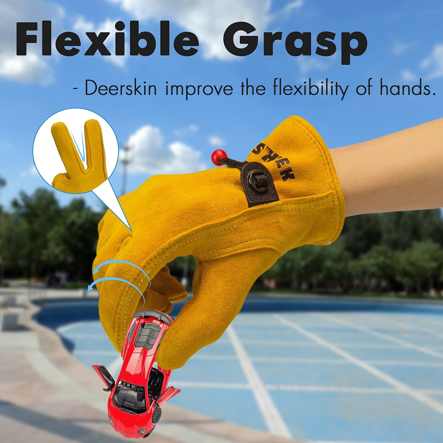 FEISHDEK Kids Work Gloves Age 2-14, Extra Soft Deerskin Suede, Durable, Flexible Toddler Youth Genuine Leather Gloves for Kids Yard Work, Working, Gardening (Large, Yellow, 8-12 Years Old)