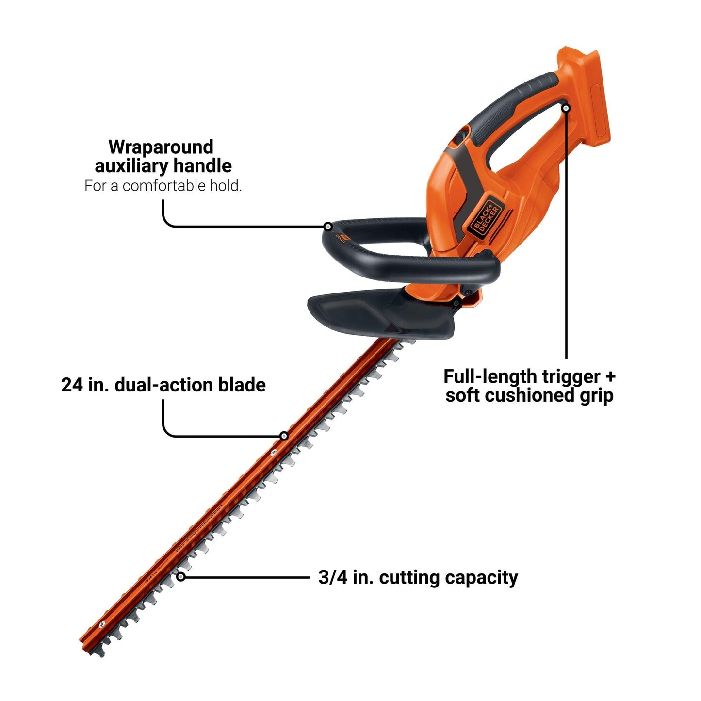 BLACK+DECKER 40V MAX* 24 in. cordless hedge trimmer with POWERDRIVE, Tool Only (LHT2436B)