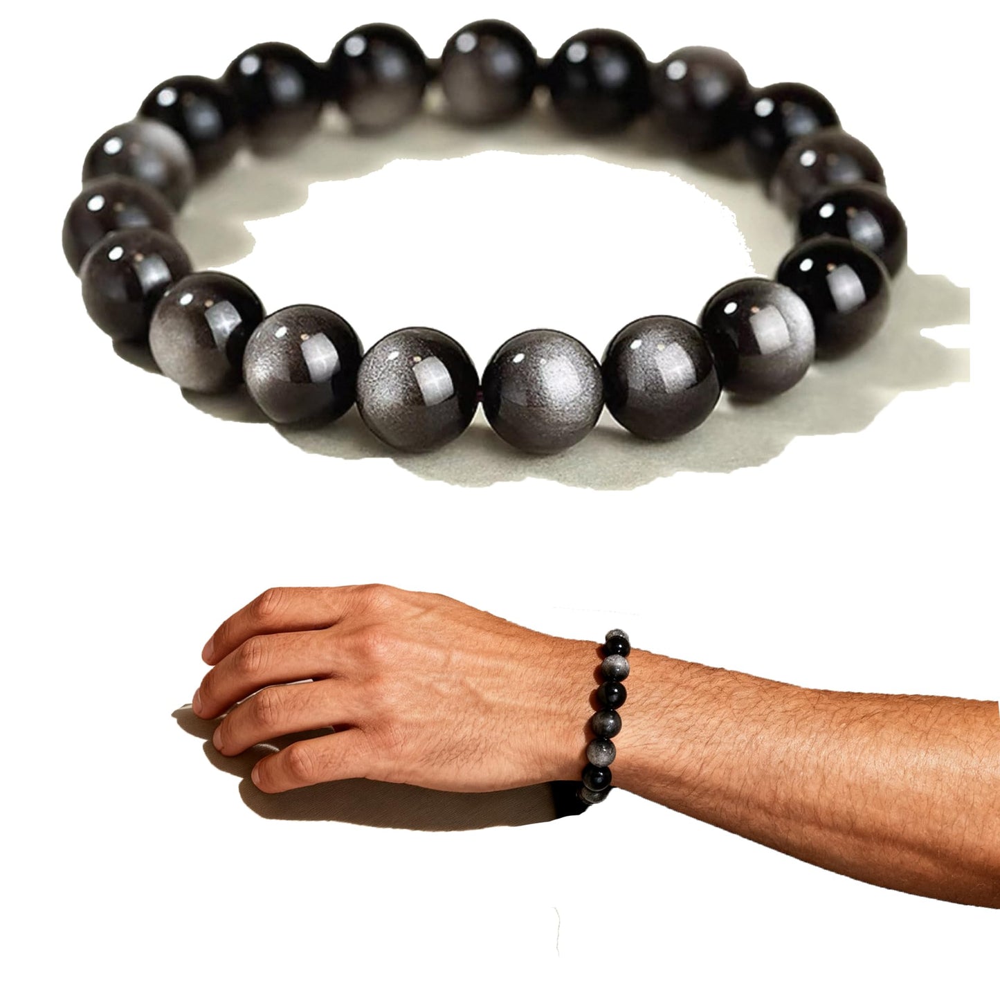 Cryhand Female 8mm Beaded Bracelets For Women Simulated Slivery Black Obsidian Bracelet for Men Handmade Lucky Money Stretchy Crystal Bracelets Best Gifts