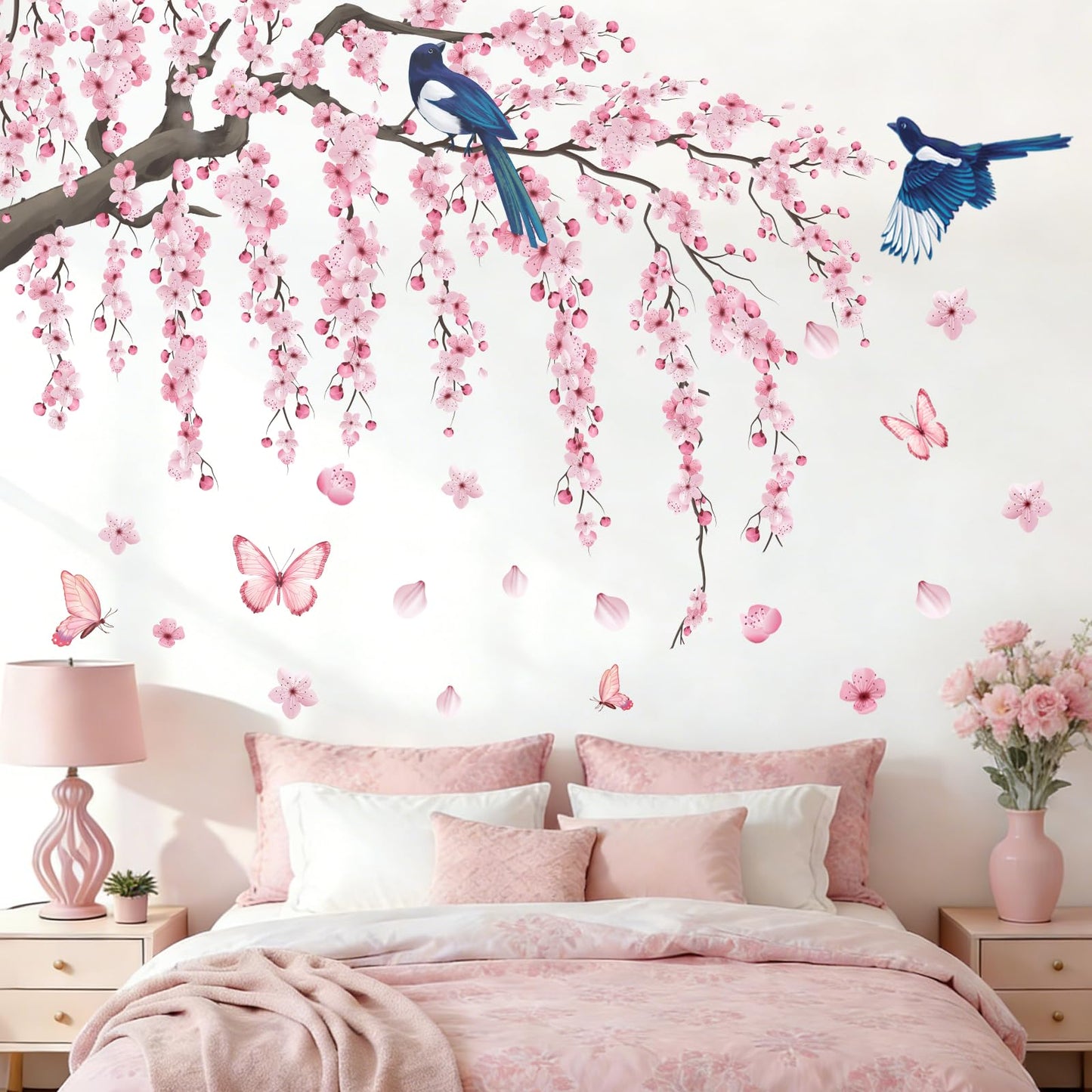 Cherry Blossom Wall Decals Stickers - Tree Floral Birds Wall Stickers Spring Pink Peel and Stick Wall Murals Decor for Living Room Bedroom