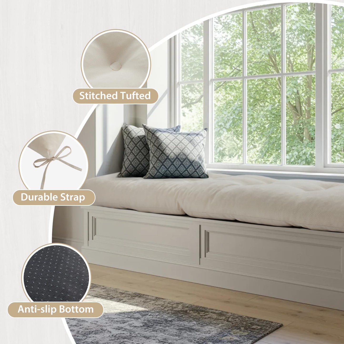 WEOAVRY 42 Inch Bench Cushions for Indoor Furniture, Super Soft Rectangle Bench seat Cushion Pad with Non-Slip Bottom, Waterproof Bench Pad for Window Porch(Beige, 42x16x4.5 Inch)