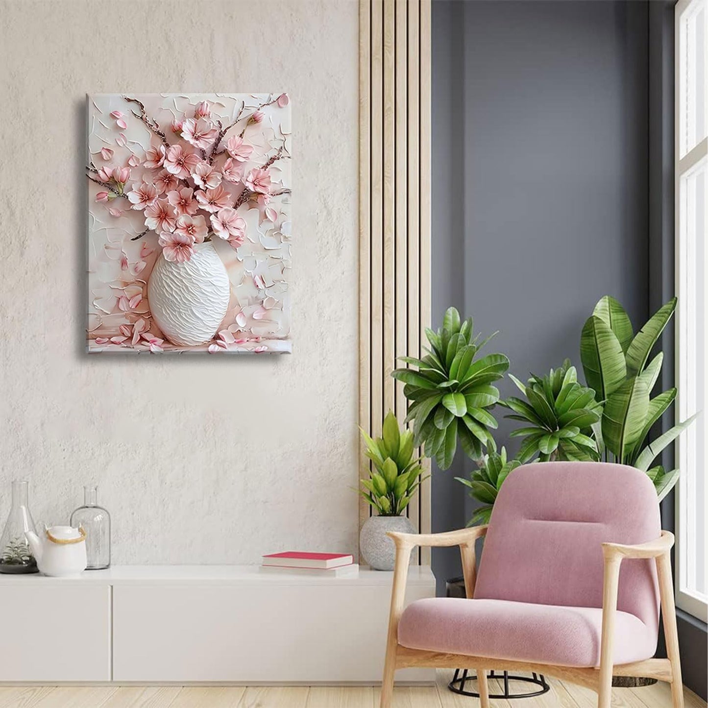 Pink Floral Canvas Wall Art sakura Flowers Botanical painting Decor Pictures Cherry blossoms Posters Prints for Living Room Classroom Bedroom office corridor bathroom Decoration