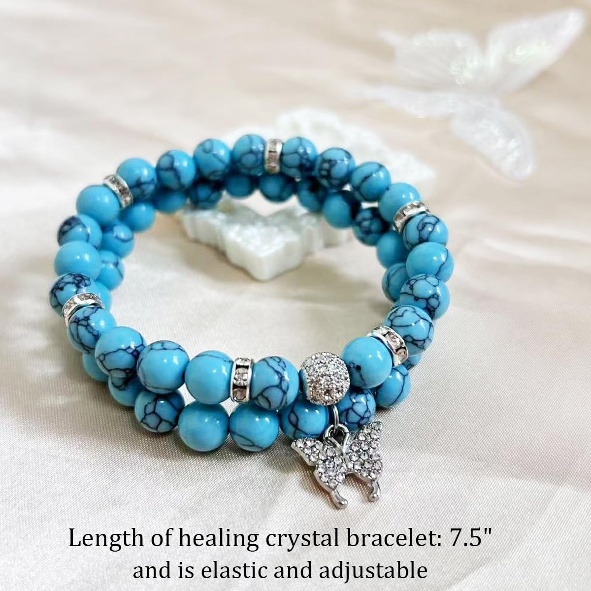 SNXPPFDC Crystal Bracelet - Healing Turquoise Bracelet - Butterfly Bracelets for Women - 8mm Natural Stone Beads Chakra Bracelets Couple Bracelets Friendship Bracelet (Turquoise, Butterfly)