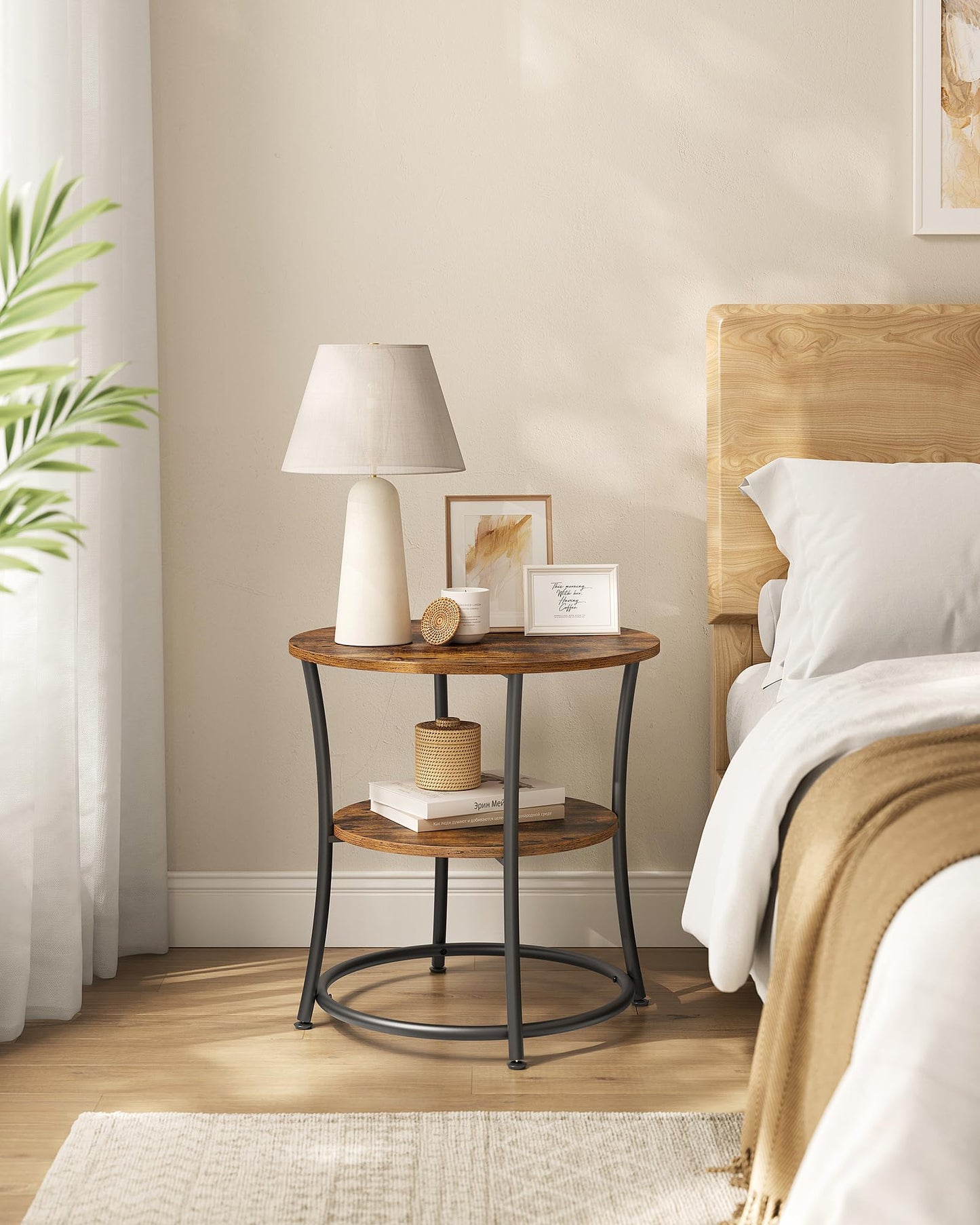 VASAGLE 21.7-Inch Round Side Table, 2-Tier End Table, Nightstand with Steel Frame, Spacious Top, for Small Spaces, Living Room, Bedroom, Rustic Brown and Ink Black ULET56BX