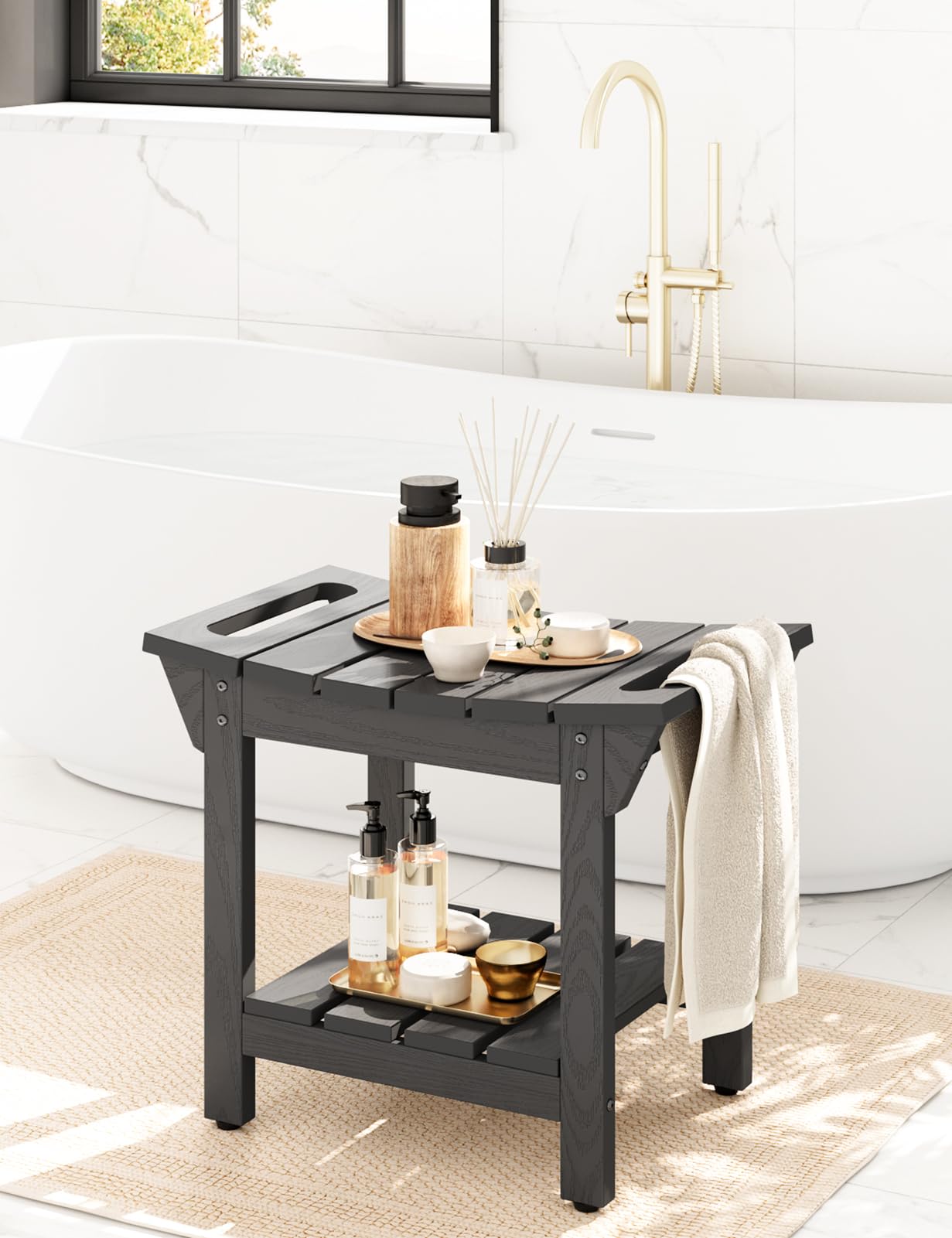 LAHAAP Waterproof Shower Bench, Poly Lumber Shower Stool for Shaving Legs, Shower Chair Seat with Storage Shelf and Handles, Bathroom Bench for Inside Shower, Non-Slip (Grey)