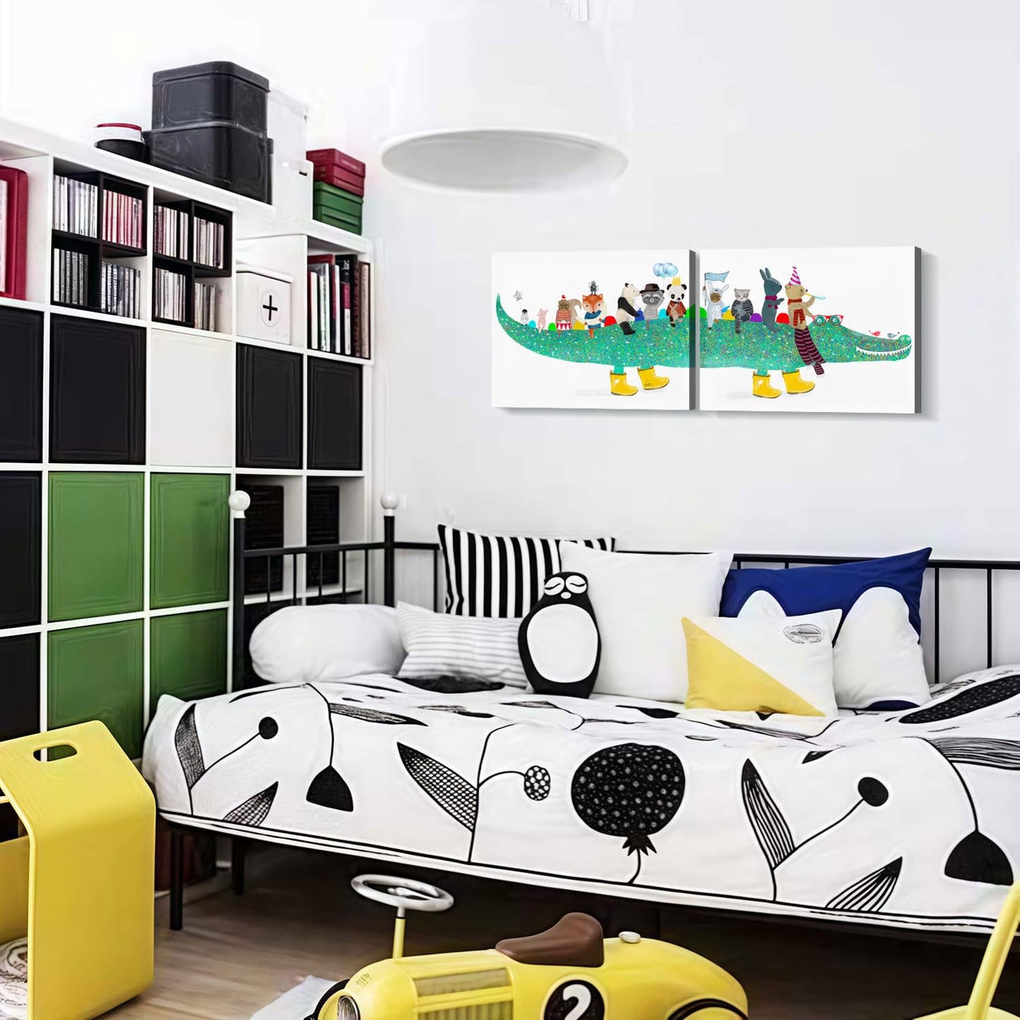 2 Pcs Framed Alligator Cute Animal Funny Cartoon Wall Art Decor Canvas Print Picture Modern Poster Gallery Bedroom Living Room Baby Room Kids Playroom 12x16 Inch Ready to Hang