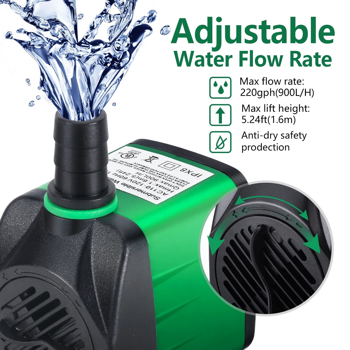 CWKJ Fountain Pump, 220GPH (15W 900L/H) Water Fountain Pump, Outdoor Submersible Fountain Pump with 6.5ft Tubing (ID x 1/3-Inch), 3 Nozzles for Aquarium, Pond, Fish Tank, Water Pump Hydroponics