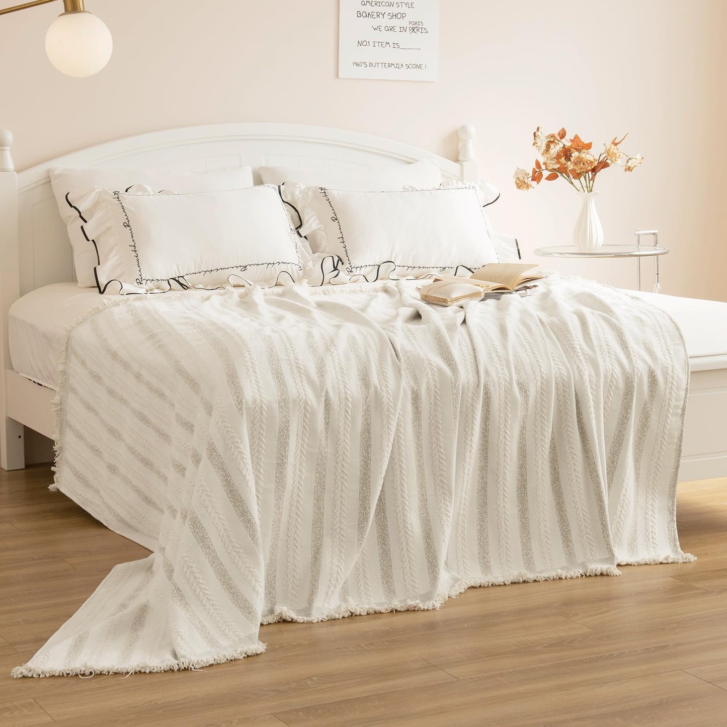 KaviKon Couch Cover for Dogs, Boho Sofa Covers for 3 Cushion Couch, Chenille Sofa Slipcover for Pets Washable, L-Shape Sectional Loveseat Cover Soft Throw Blankets with Tassels(71x118,Striped Beige)