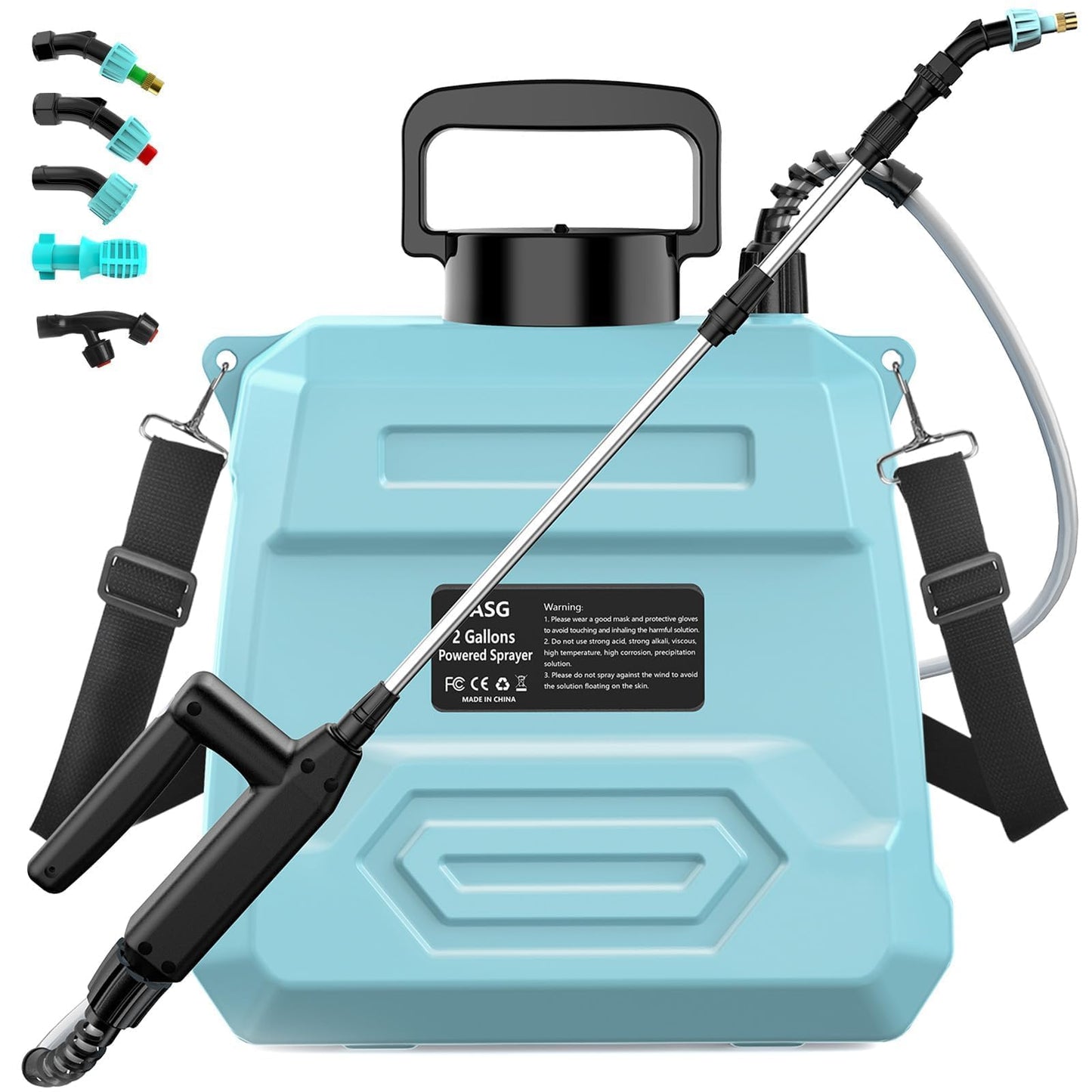 VASG Battery Powered Garden Sprayer 2 Gallon, 7.4V Powerful Electric Pump Sprayer, Weed Sprayer with USB Rechargeable Handle, 5 Mist Nozzles, Retractable Wand, Adjustable Strap for Lawn, Garden, Yard