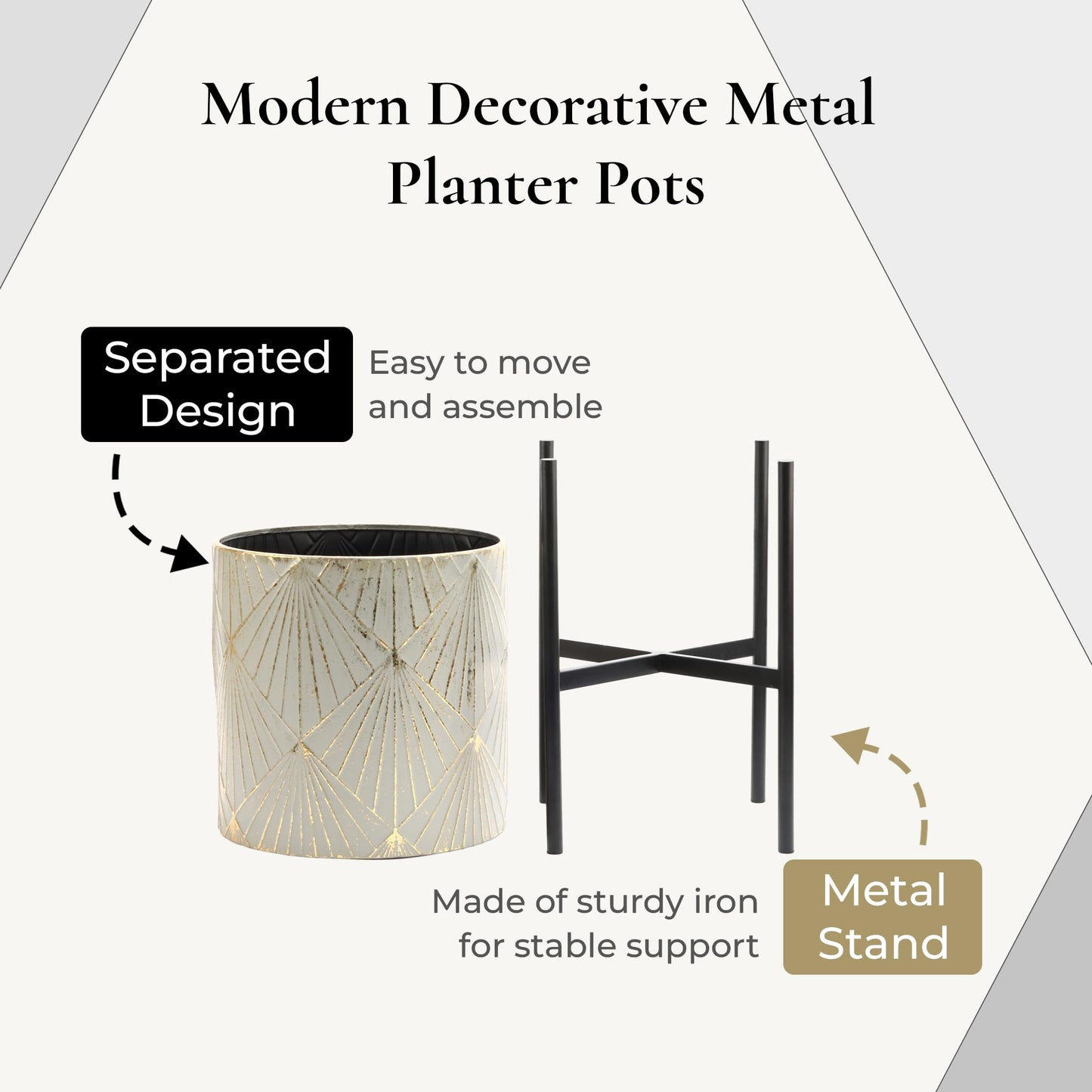 LuxenHome Planters for Indoor Plants, Set of 3 Floor Plants Pots with Stands, Modern Decorative Metal Flower Pots, Green Gray Cachepot Planters,10.5", 12", 14" Inch