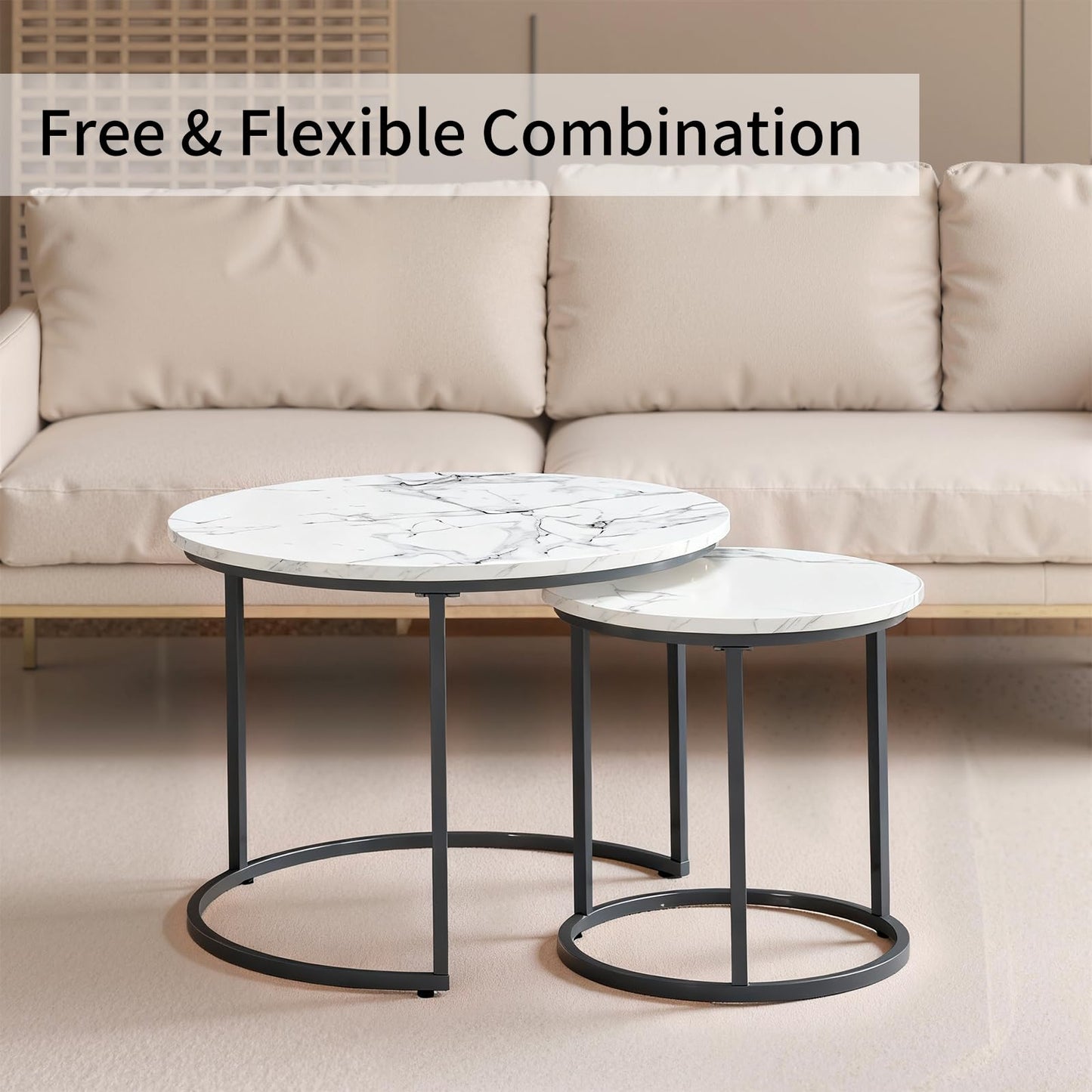 Round Nesting Coffee Table Set of 2, Modern Marble Pattern Wooden Nesting Tables, Stacking Minimalist End Table for Living Room Bedroom Small Space, White and Black