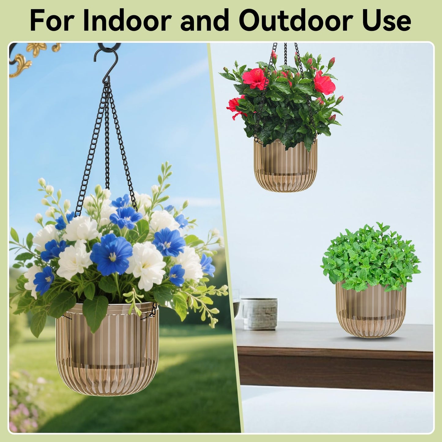 ZeeDix 3 Pack Self Watering Hanging Planters, 6.5 Inch Indoor Plant Pots with 3 Hooks Visible Water Level and Drainage for Home, Wall, Window Decor Outdoor Use(Starry Gray)