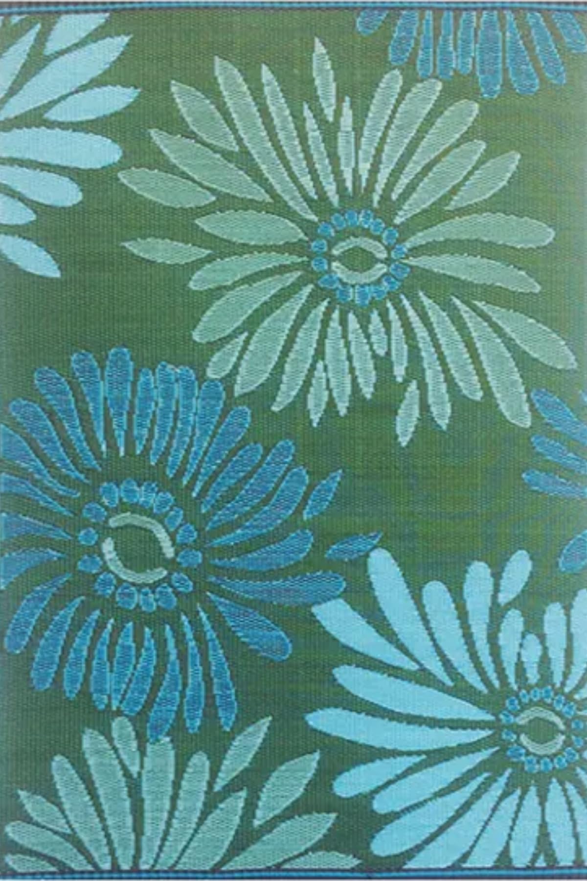 Mad Mats Daisy Green & Aqua Outdoor Rug, 8x10 – Reversible, Recycled Plastic, UV Resistant