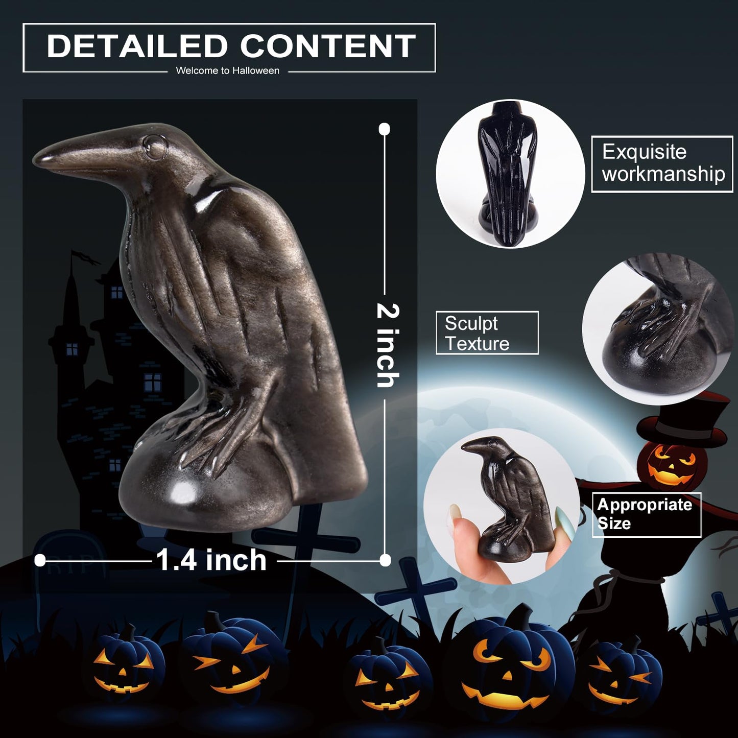 Hguxmcu Natural Silver Obsidian Raven Statue,2 Inch Mystical Crow Sculpture Gothic Home Decor, Spiritual Totem Art Healing Crystal Figurine Witchy Altar Decor Dark Academia Collectible