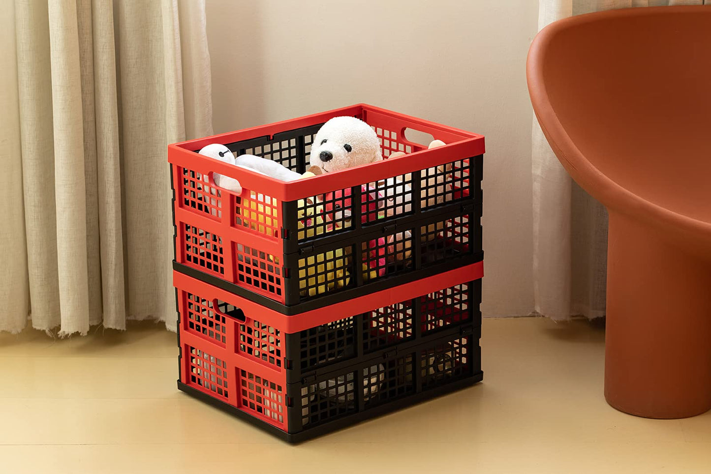Eslite 34L Large Plastic Folding Storage Crates,Collapsible Crates for Storage,Pack of 3 (Black+Red)