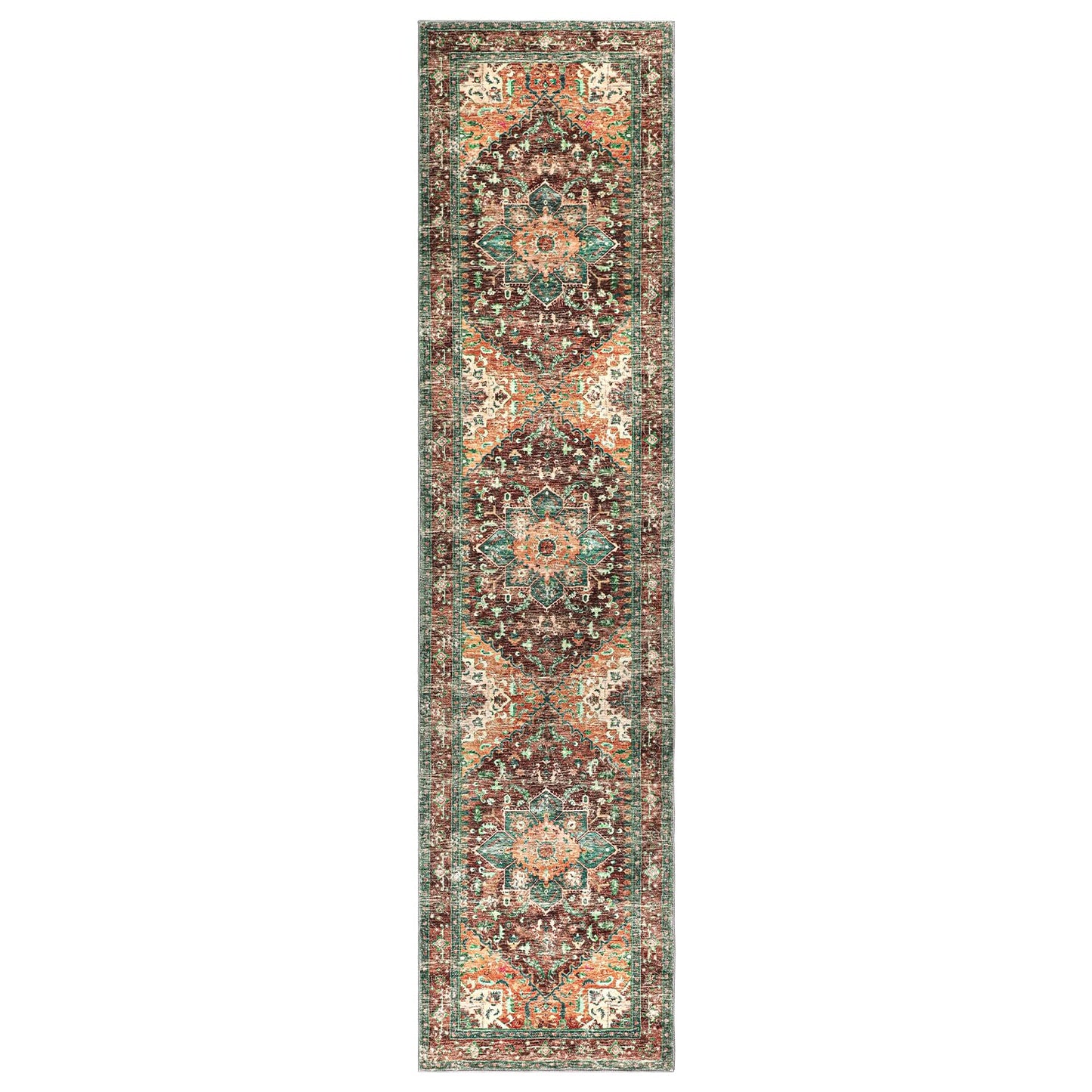 Yamaziot Washable Runner Rug, 2x8 Non-Slip Boho Vintage Hallway Rug Runner with Rubber Backing, Stain Resistant & Low Pile Faux Wool Distressed Carpet Runner for Bedroom, Kitchen, Laundry, Entrance