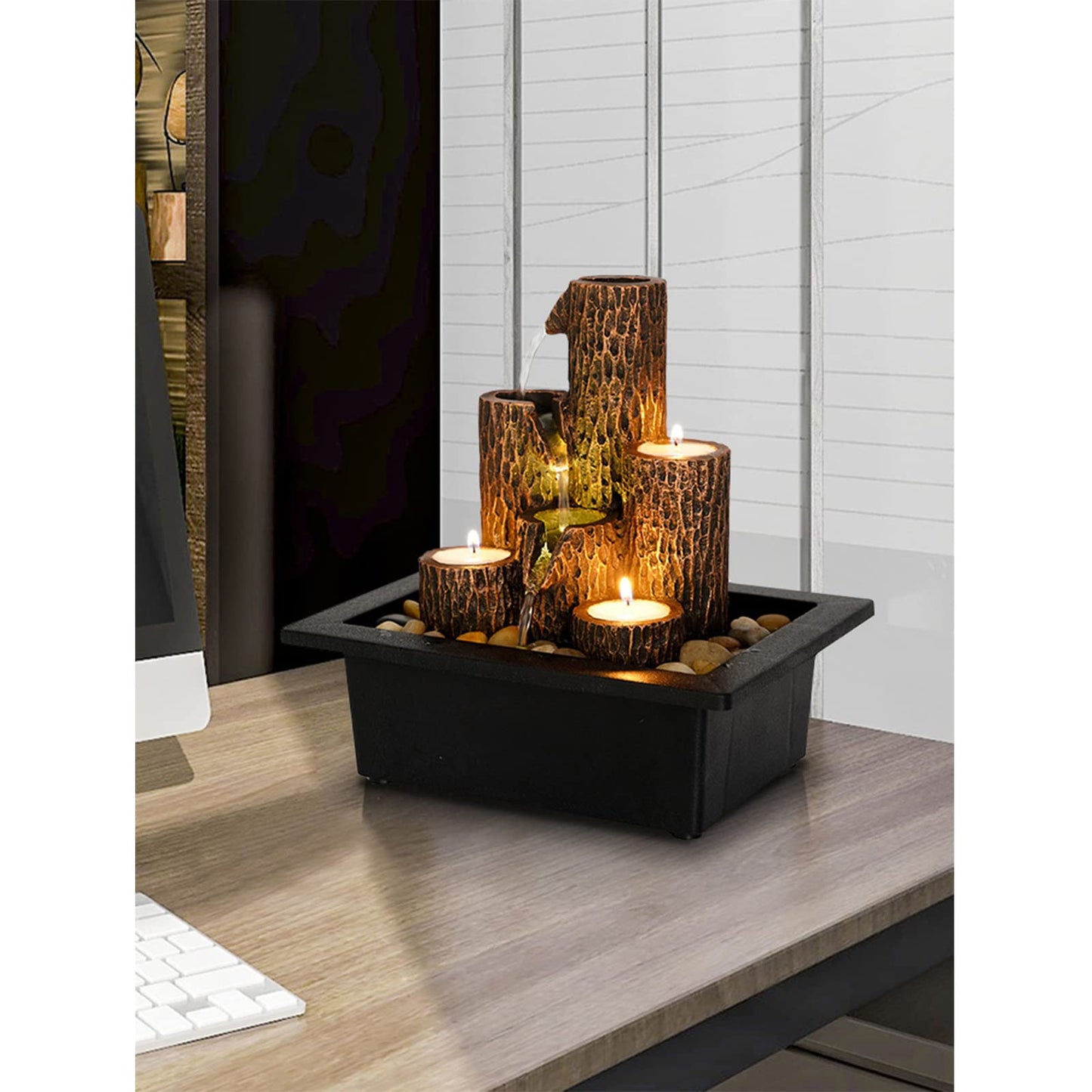 Tabletop Fountains Rock Waterfall Fountain with Rotating Ball and LED Lights, Water Feature Includes Natural River Rocks for Home Office Decor (C)